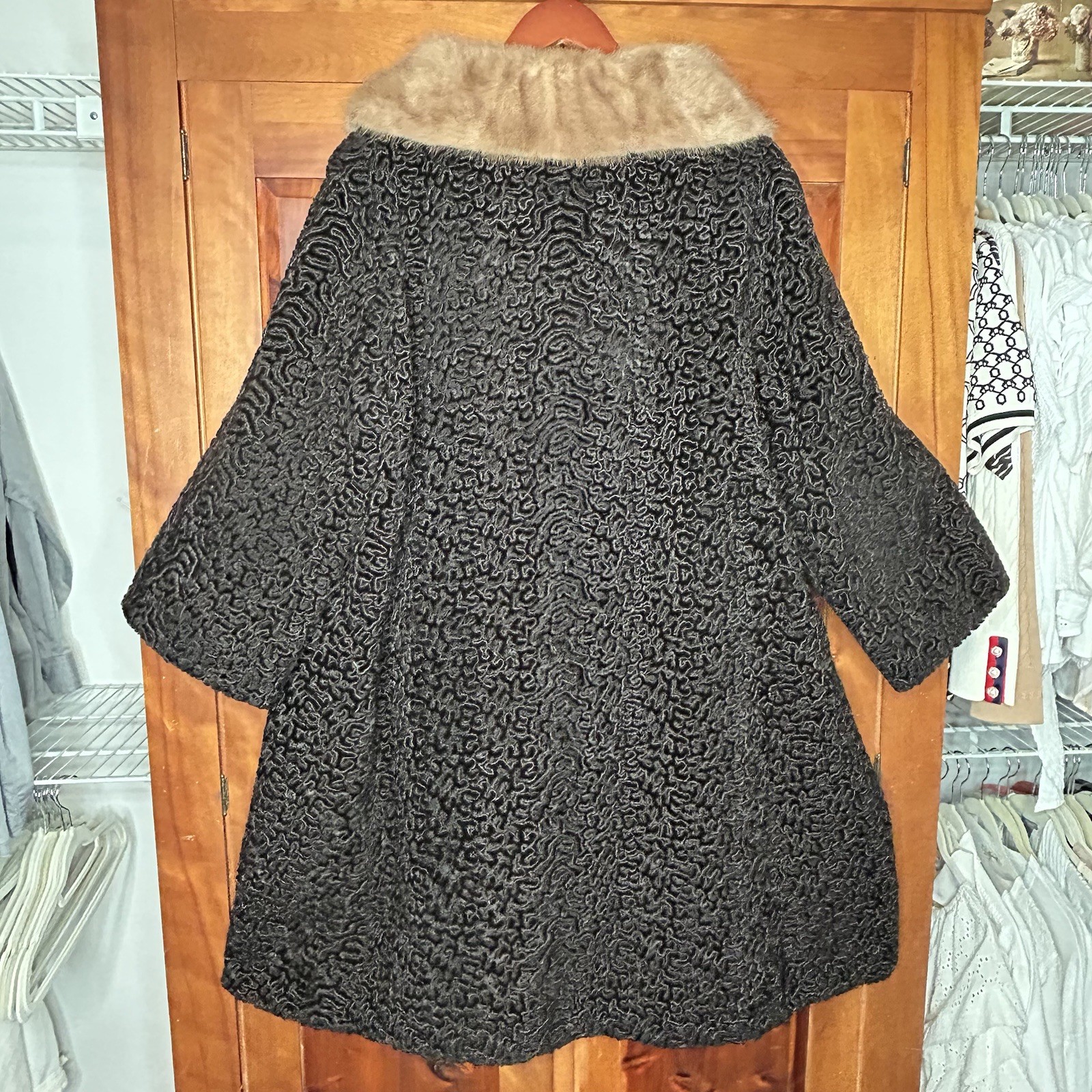 Vintage Astrakin Lepshire Longline Curly Persian Lamb Wool Coat with Mink Fur XL