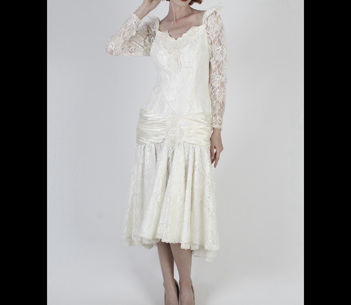 Vintage 80s Bonnell White Lace Chiffon Hi Lo Dress Wedding Prom Party Deco Sz M