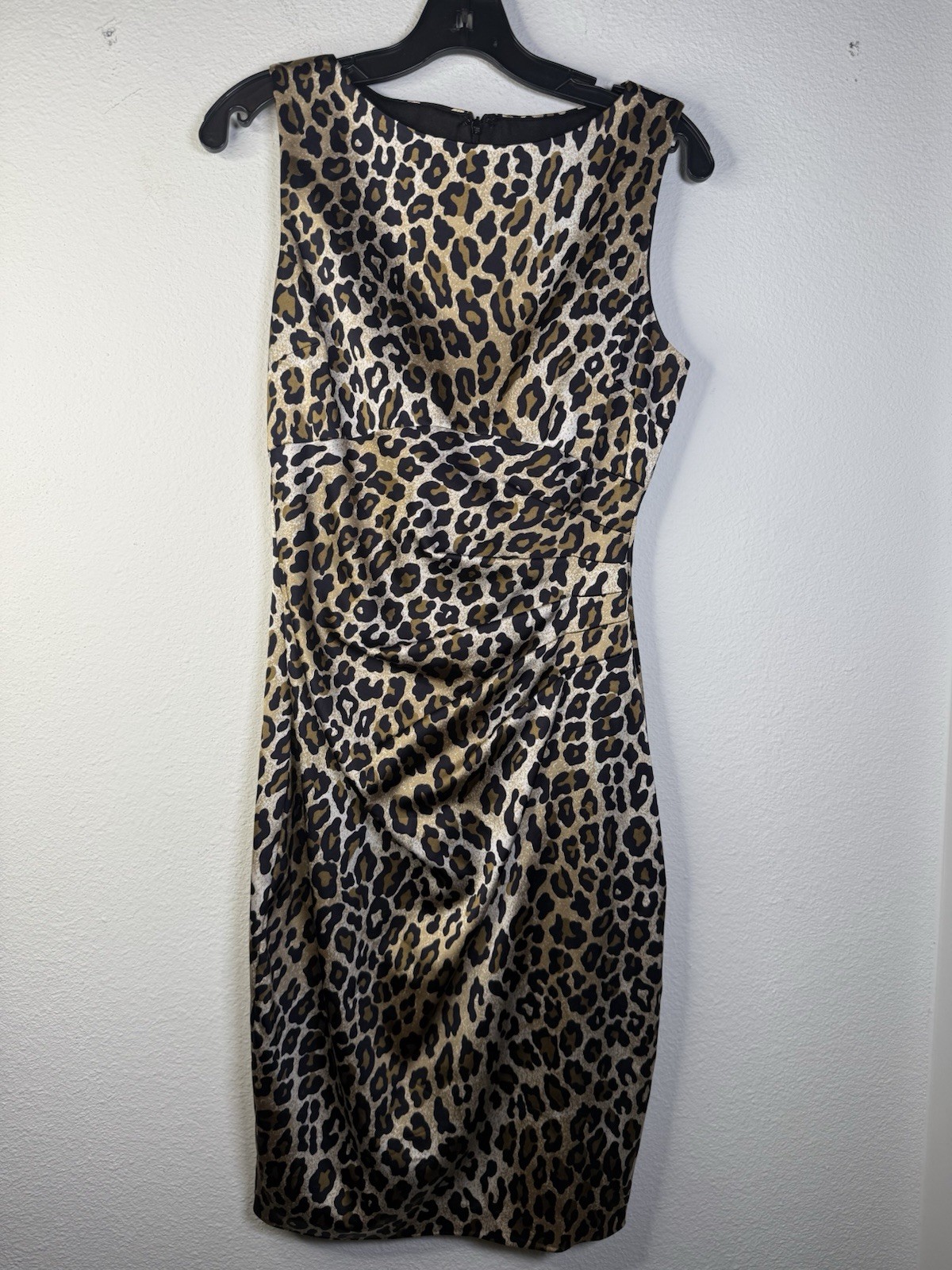 VTG Cache Leopard Animal Print Silky Ruched Body Con Evening Dress Womens 12