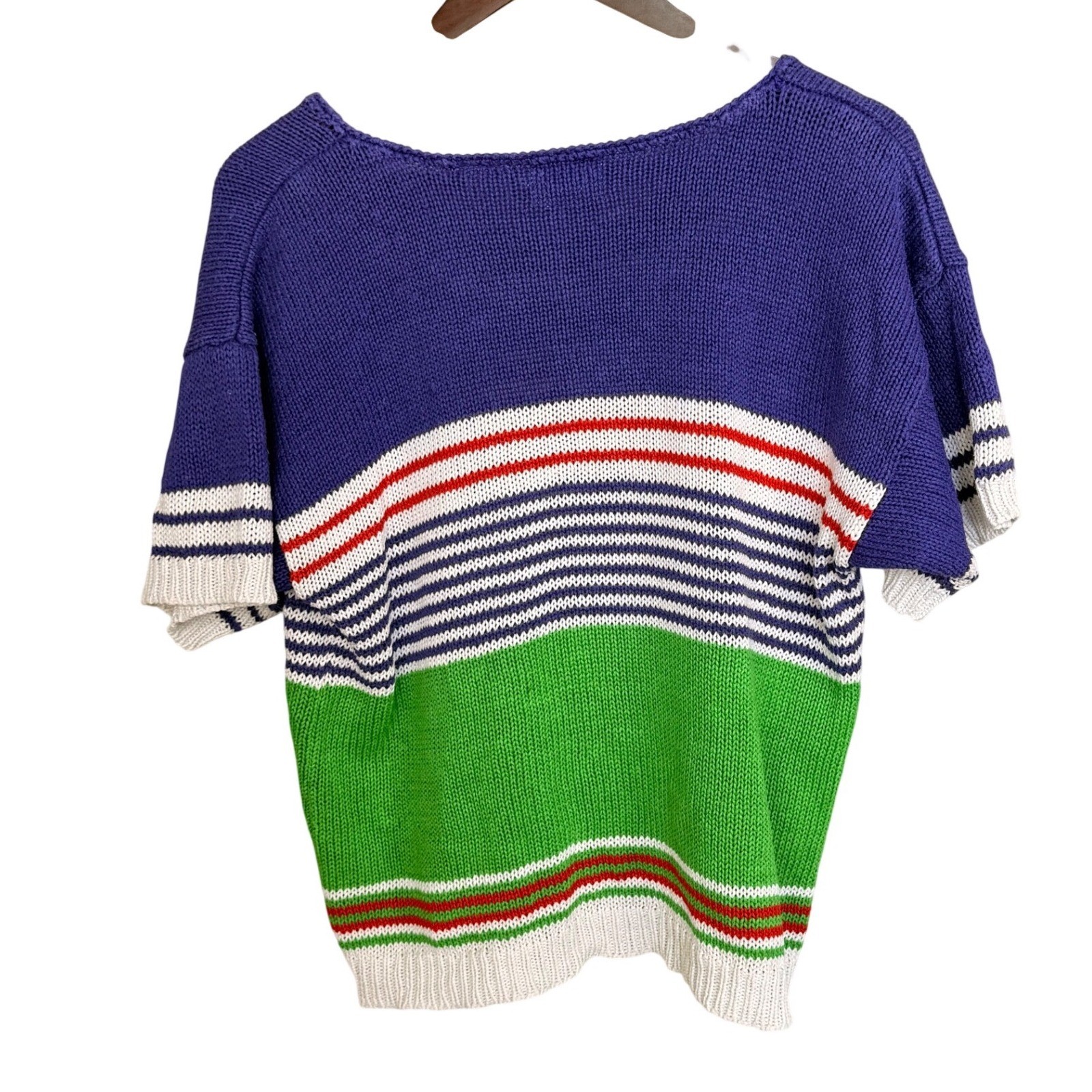 Leslie Fay Vintage 90s Knit Sweater Top Short Sleeve Colorblock Embroidered L