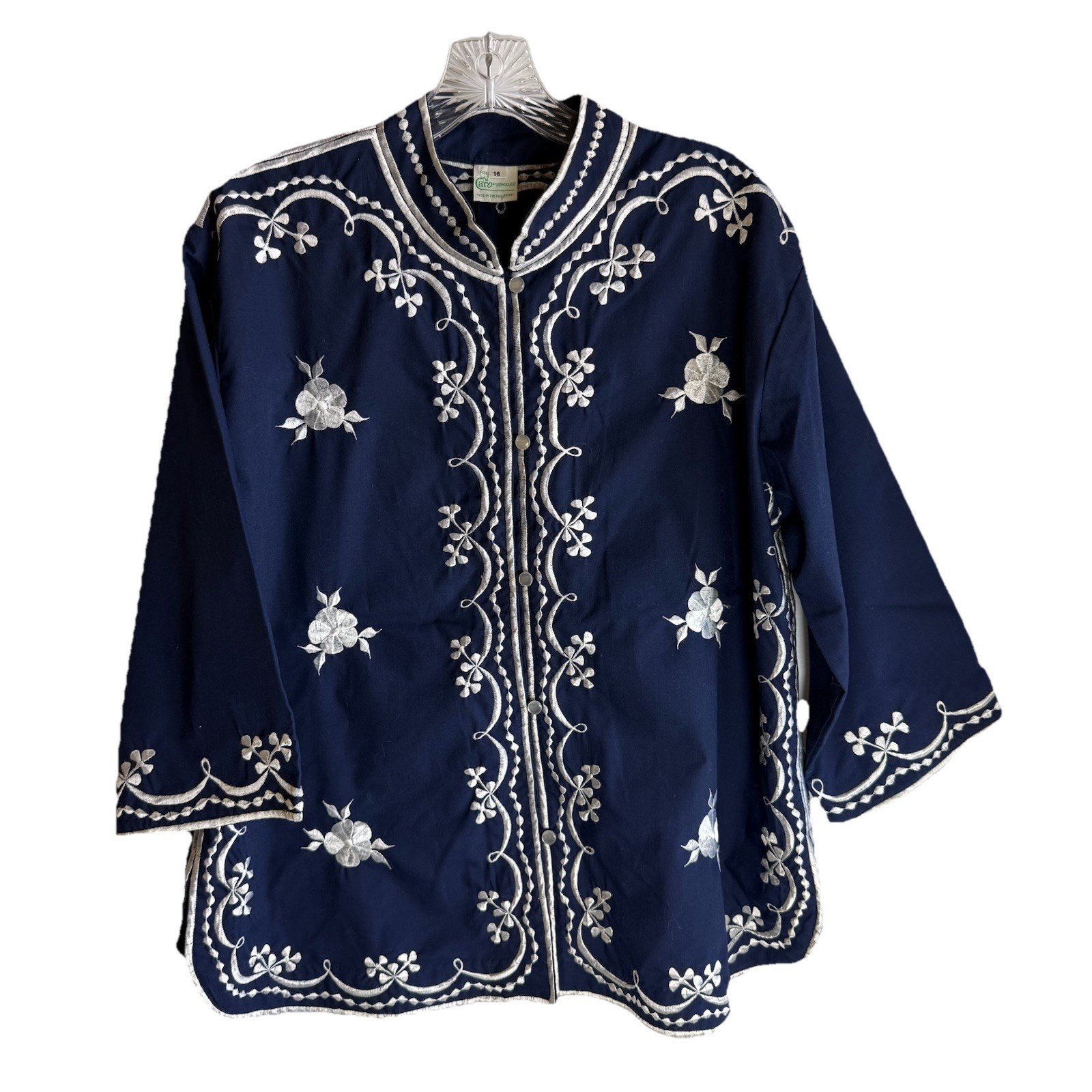 Caro Honolulu VTG Size 16 Blue Jacket Tunic White Floral Embroidery Loop Buttons