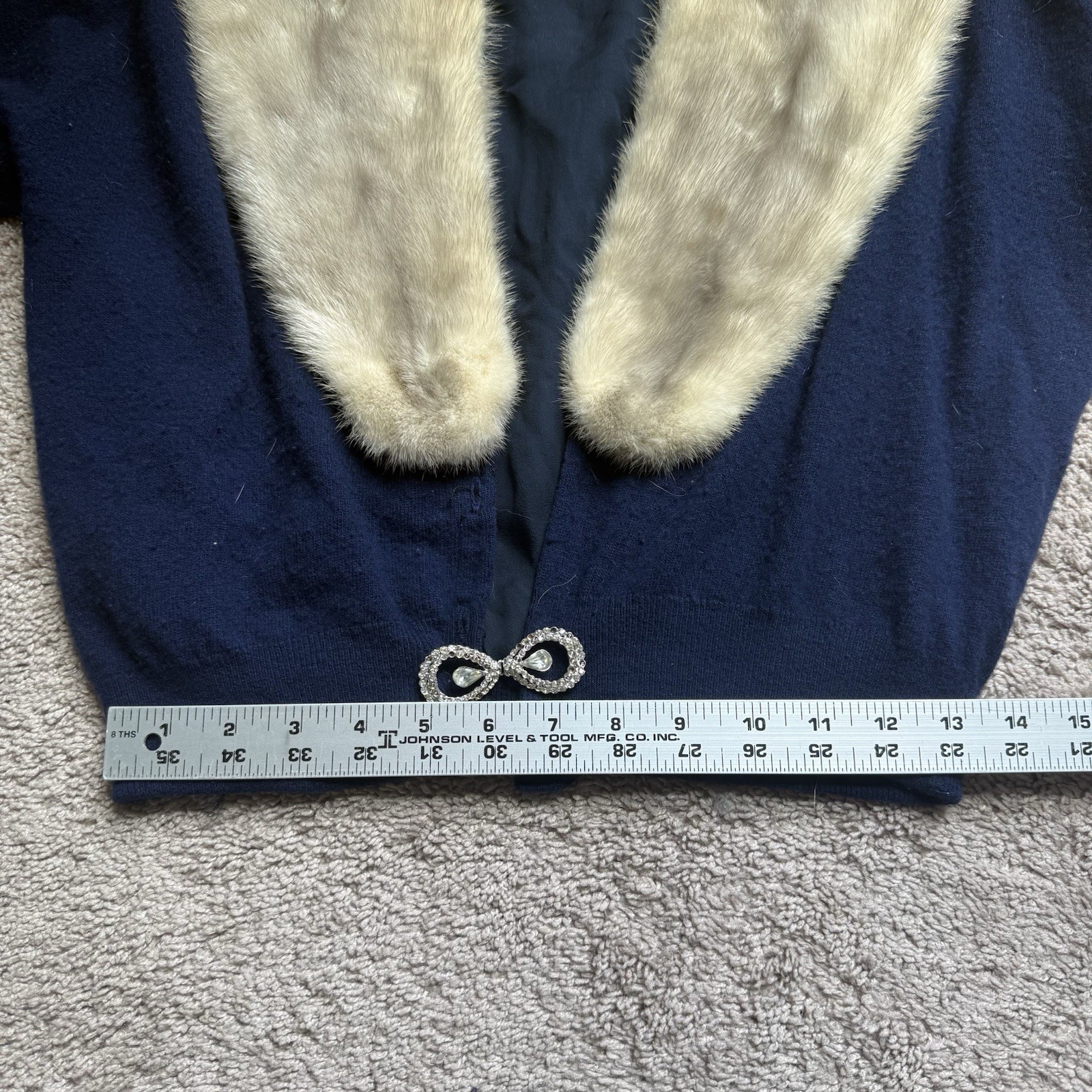 Vtg 1950’s Pringle of Scotland Cashmere Cardigan Mink Fur Collar Navy Womens S/M