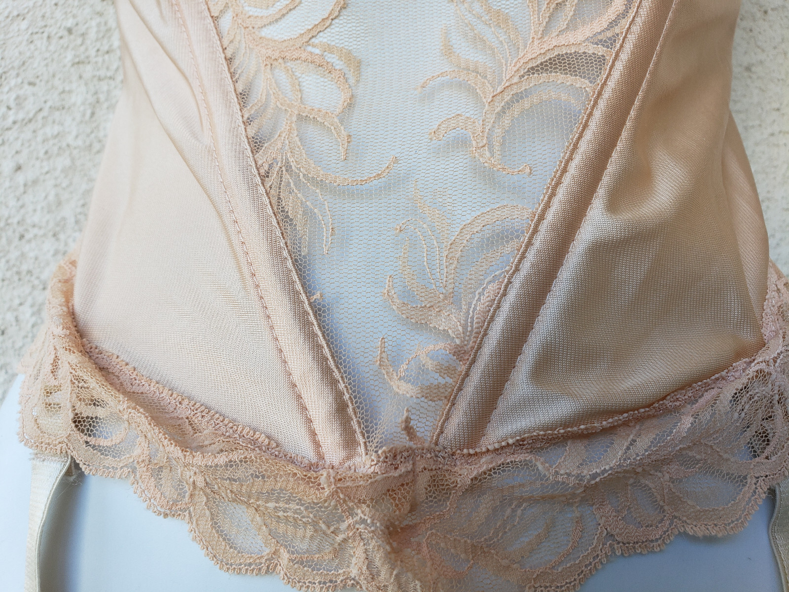 Vintage 80s Glydons Satin Lace Bustier Corset Garters Peach Merry Widow Bra 32