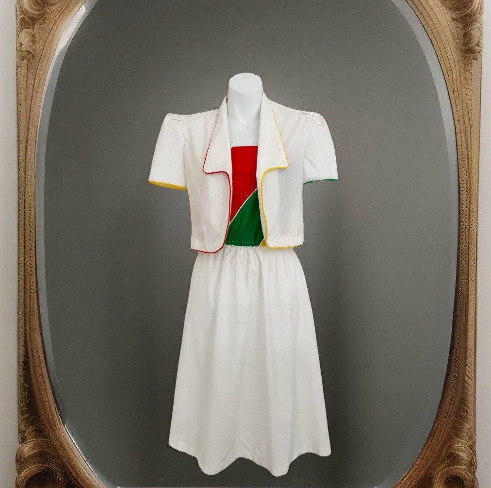 Vintage 1970s Dress Set XS 2-Piece White Multicolor Sundress Jacket