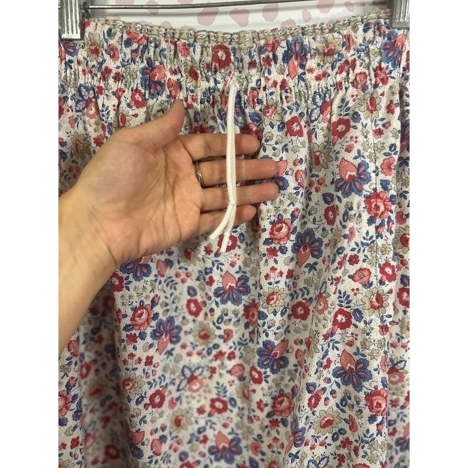 Picket and Post Vintage Floral Midi Skirt Red Blue Calico Elastic Waist Cottage