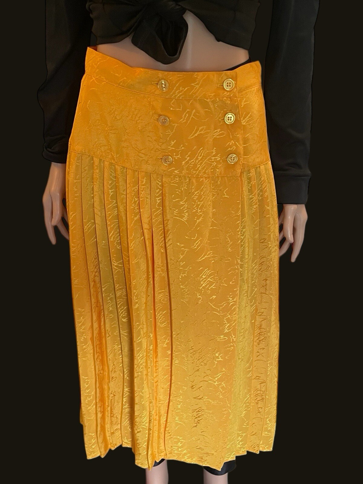 Pleated Skirt Vintage Maxi Fit And Flare Plisse Skirt Golden Yellow Satin Size S