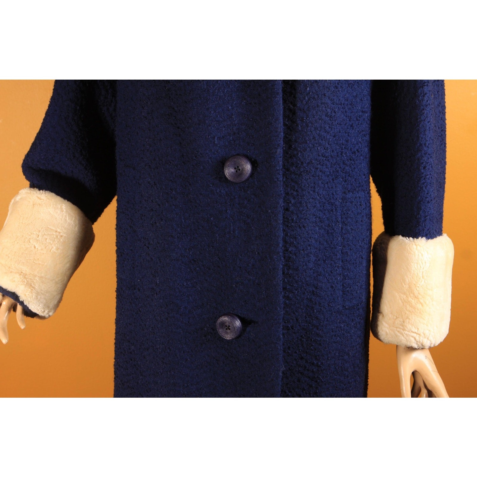 1950s Blue Long Sleeve Cream Sheared Chinchilla Fur Cuff Collar Coat by Adler’s