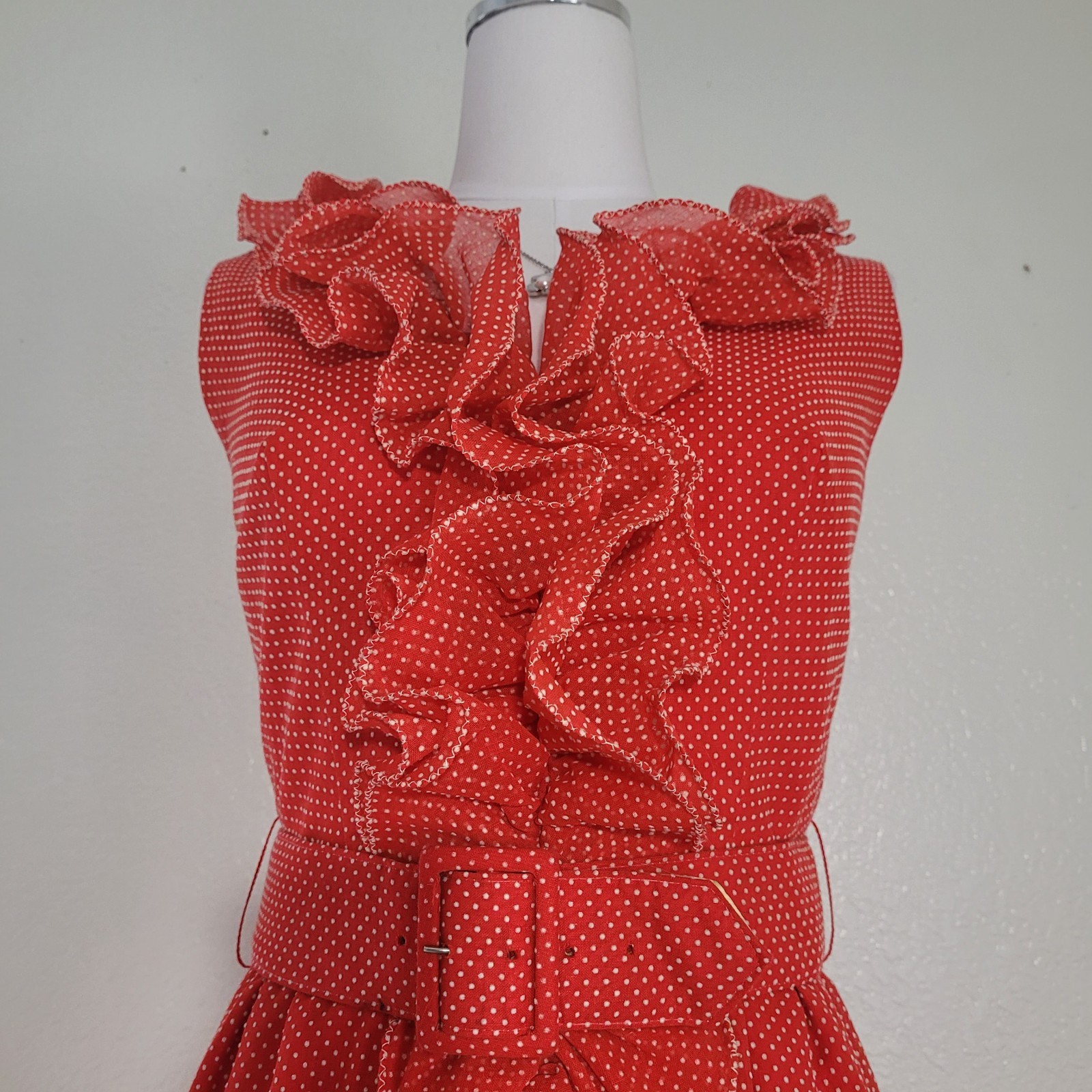 VTG RARE 1970s Miss Elliette Red White Polka Dot Ruffle Sleeveless Dress Size 9