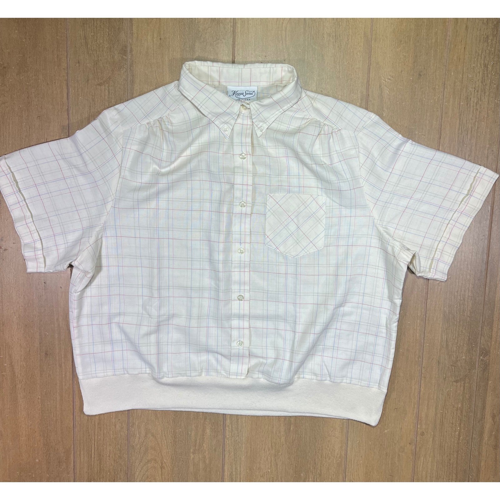 Maggie Sweet Vintage Plaid Button Down Shirt Banded Hem Cream Made in USA
