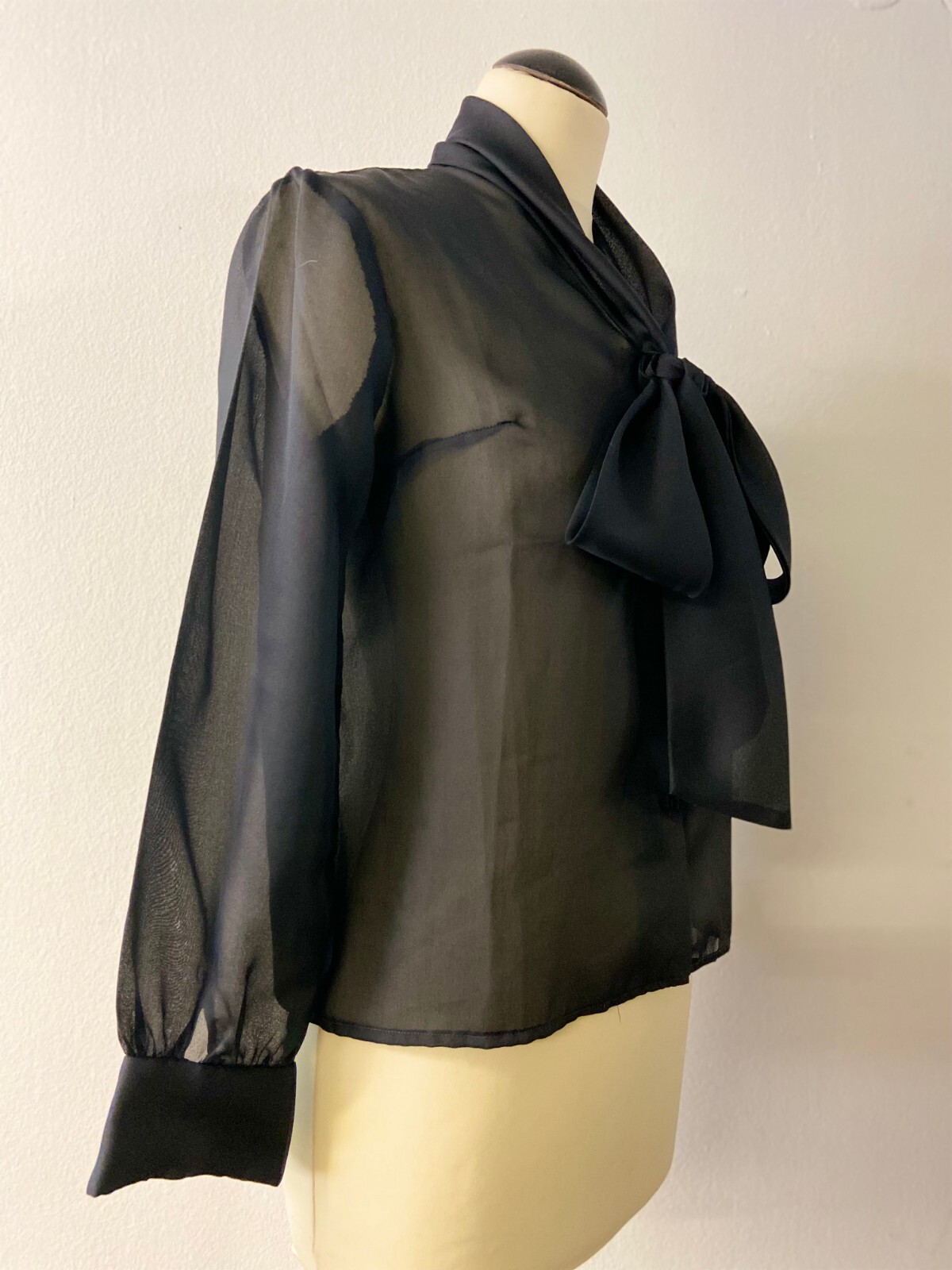 Chic Women’s Vintage Blouse | Sheer Black Bow Tie | bracelet Sleeve | Size M/L