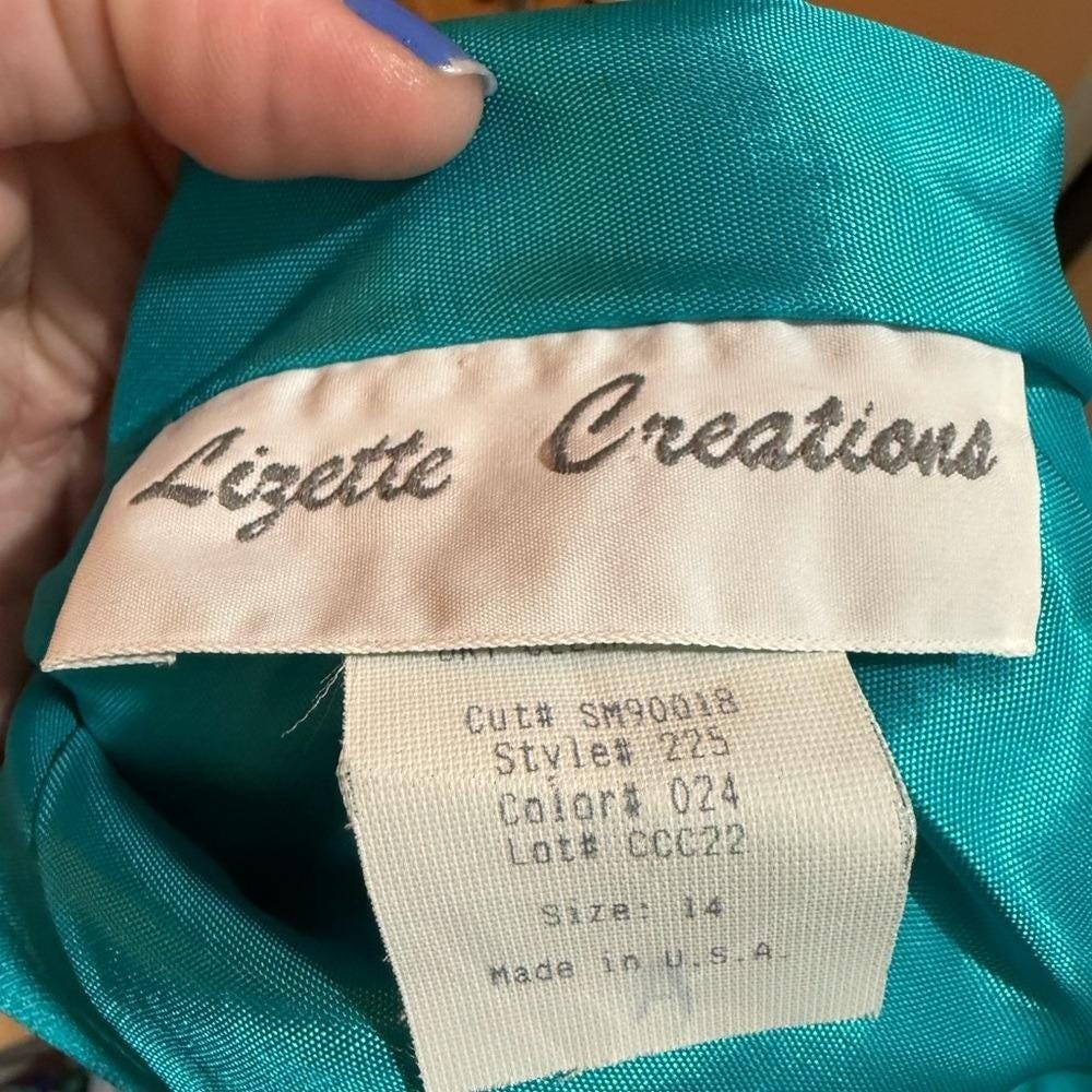 Vintage Teal Off Shoulder Womens Dress Pearl Long Green Size 14