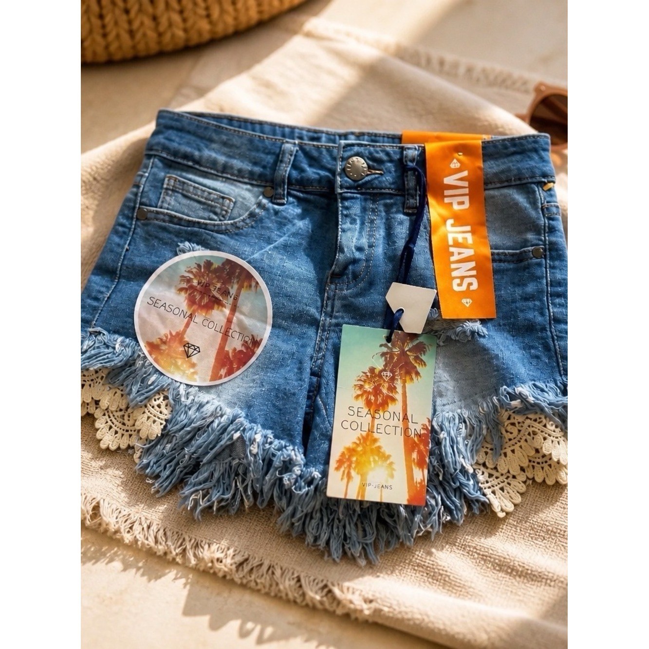 VIP JEANS Distressed Denim Shorts with Lace Trim Junior size 3/4 Jean shorts