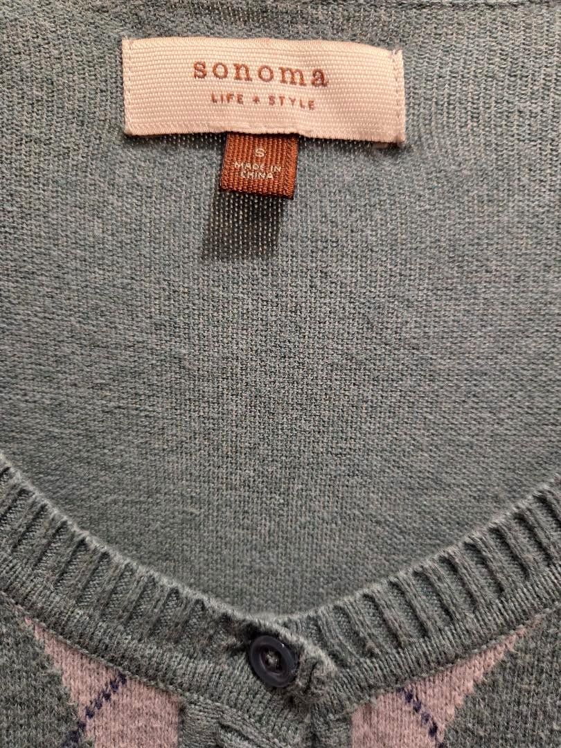 VINTAGE ARGYLE CARDIGAN SWEATER PASTEL GREEN BLUE WOMENS S SONOMA LIFE + STYLE