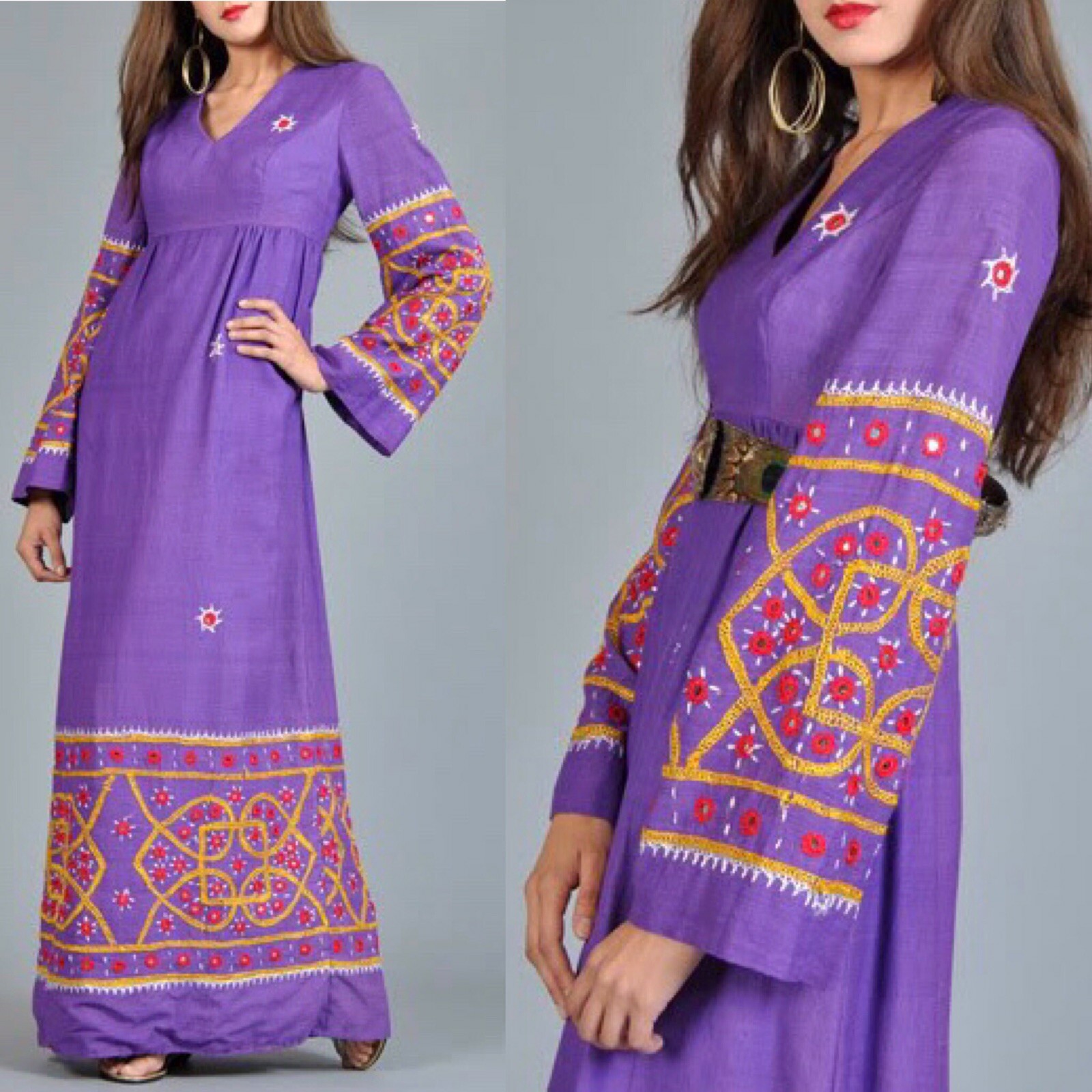 1970s Bohemian Maxi Dress INDIA Bell Sleeves Embroidered Mirrors MOD Vintage