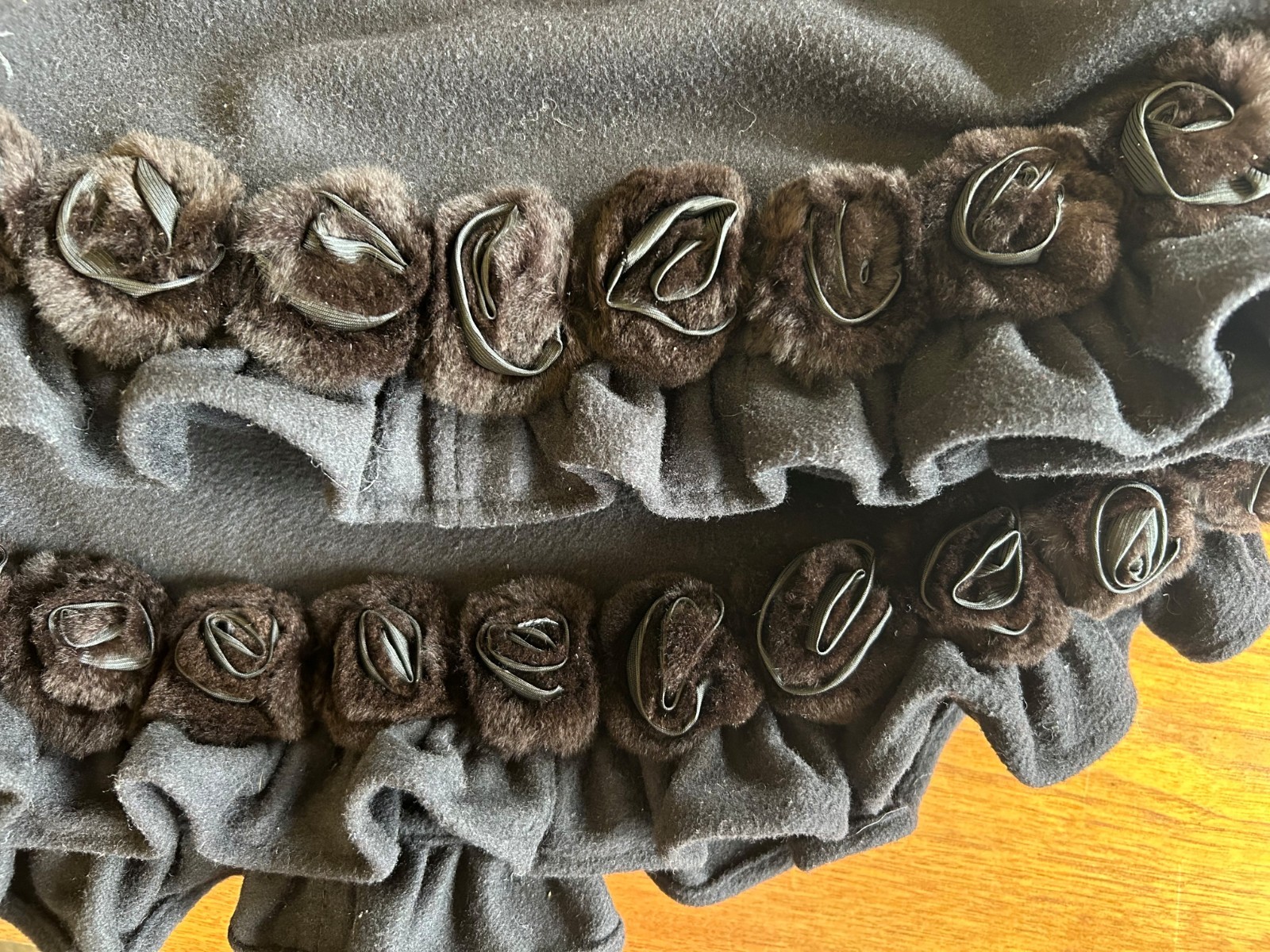Vintage 1980’s Black Wool Cape Poncho Mink Fur Rosette Trim