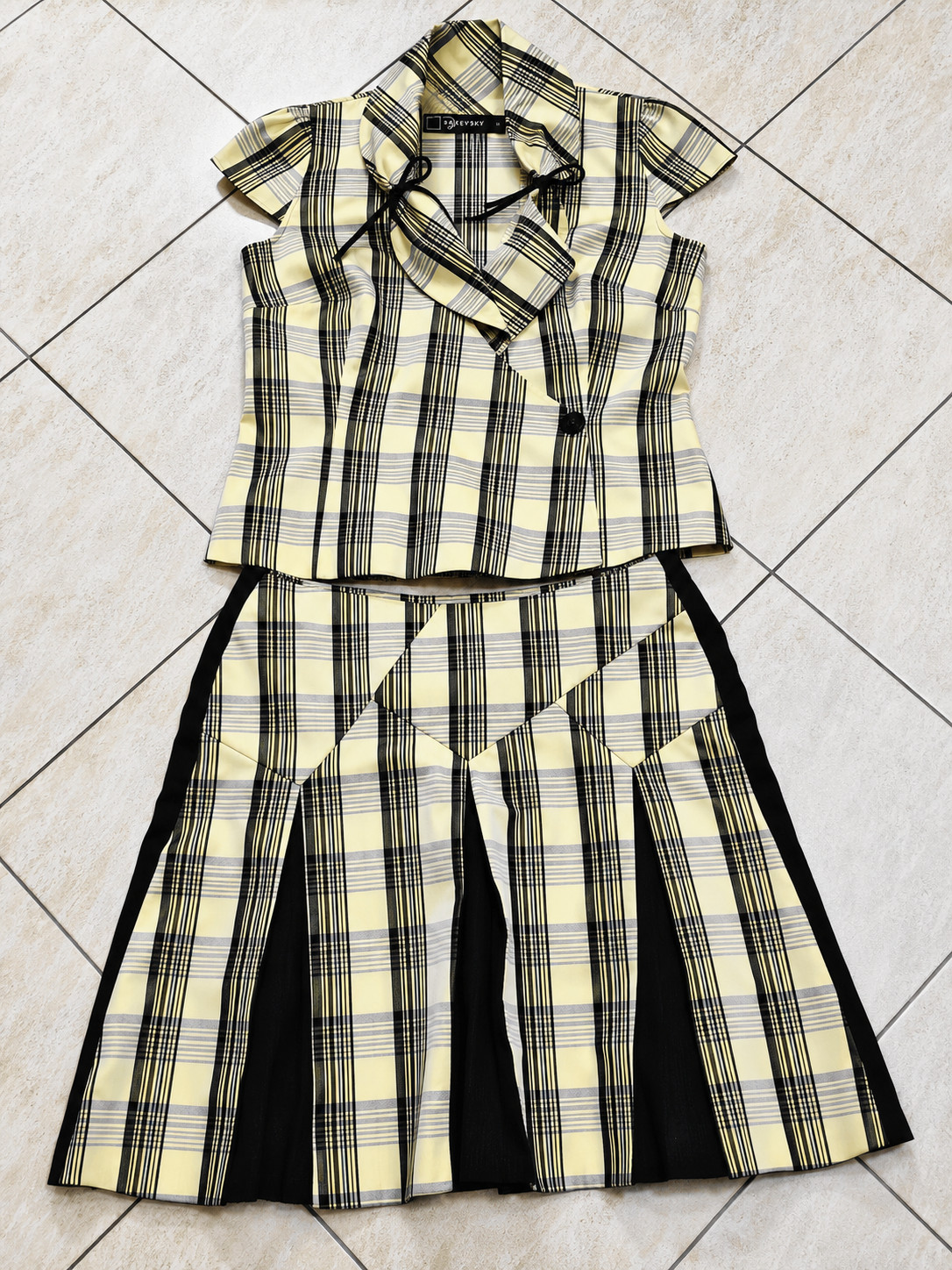 Vintage Raxevsky Women’s Yellow Cream Plaid Top & Skirt Set Made in Greece