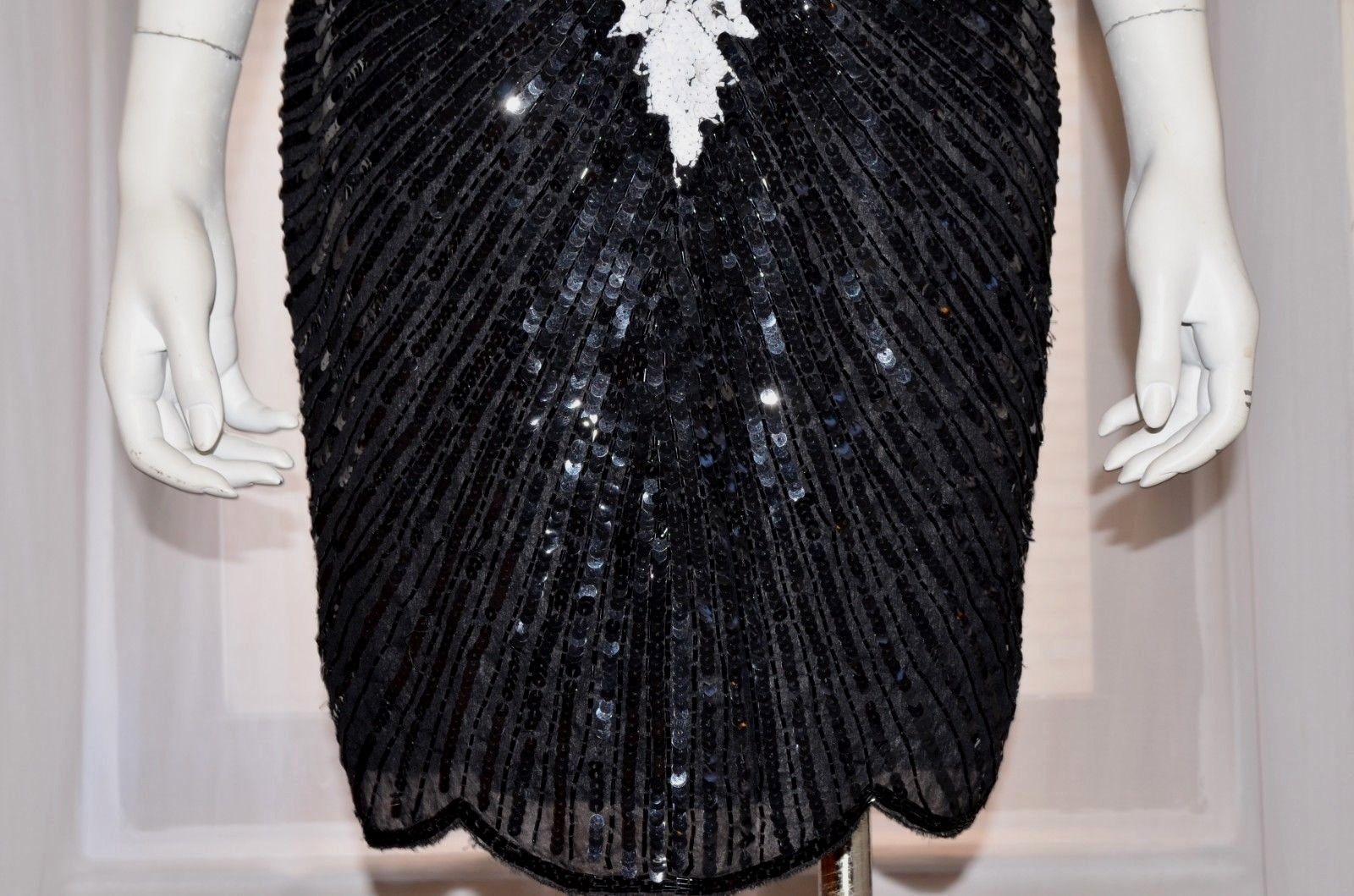 Vintage CARINA Black White Beaded Sequin Silk Evening Cocktail Dress Small S VTG