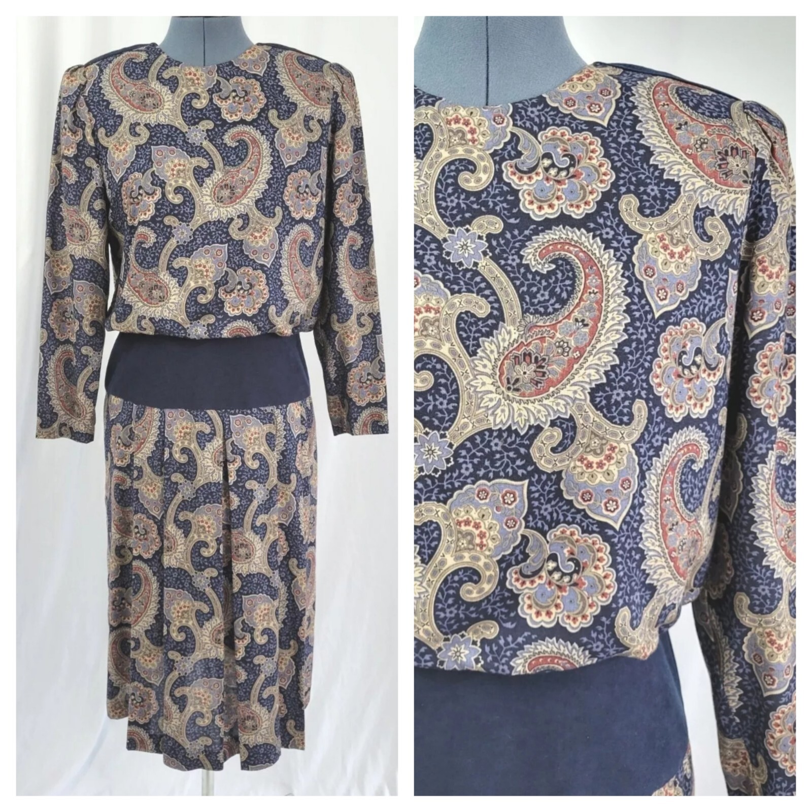 Vintage VLP Navy & Tan Paisley Blouson Dress w Navy Suede Band Size 8P