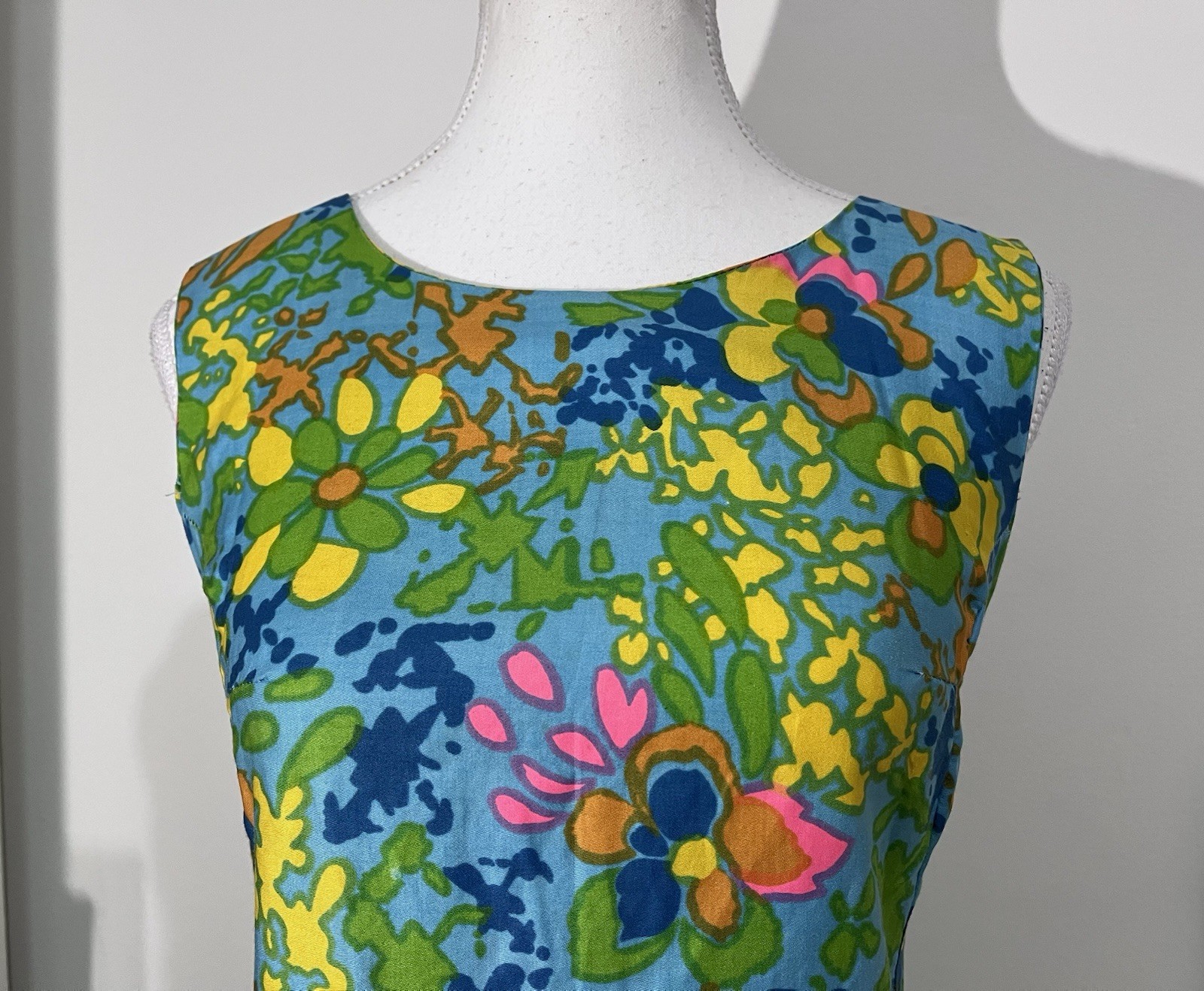 Vintage 70s Sears Floral Shift Dress Blue Mod Psychedelic Hippie Mini Women’s S