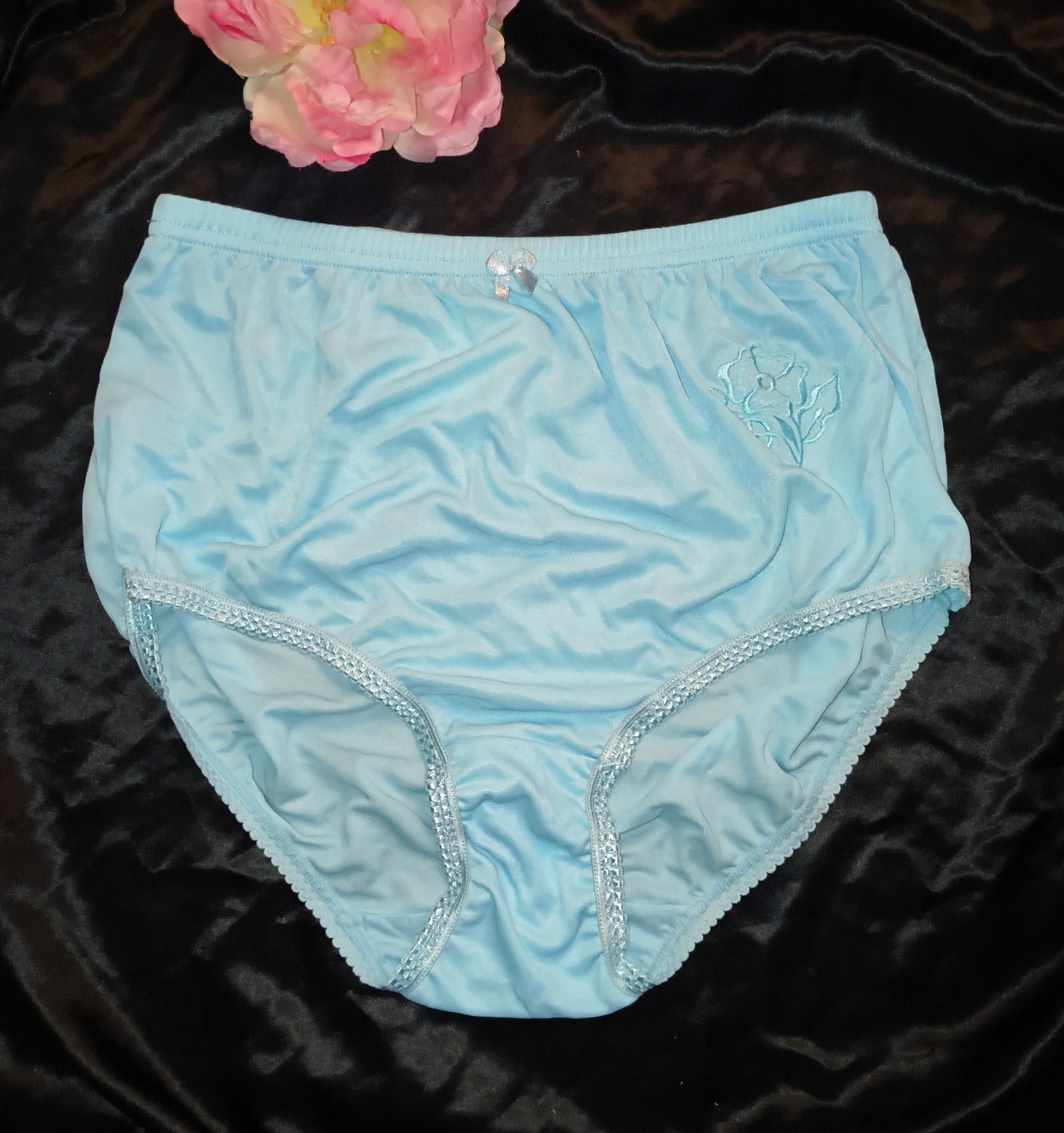 Vtg Rene Rofe Hi Waist Floral Embroidery Polyester Granny Brief Panties 🩵 9/1X