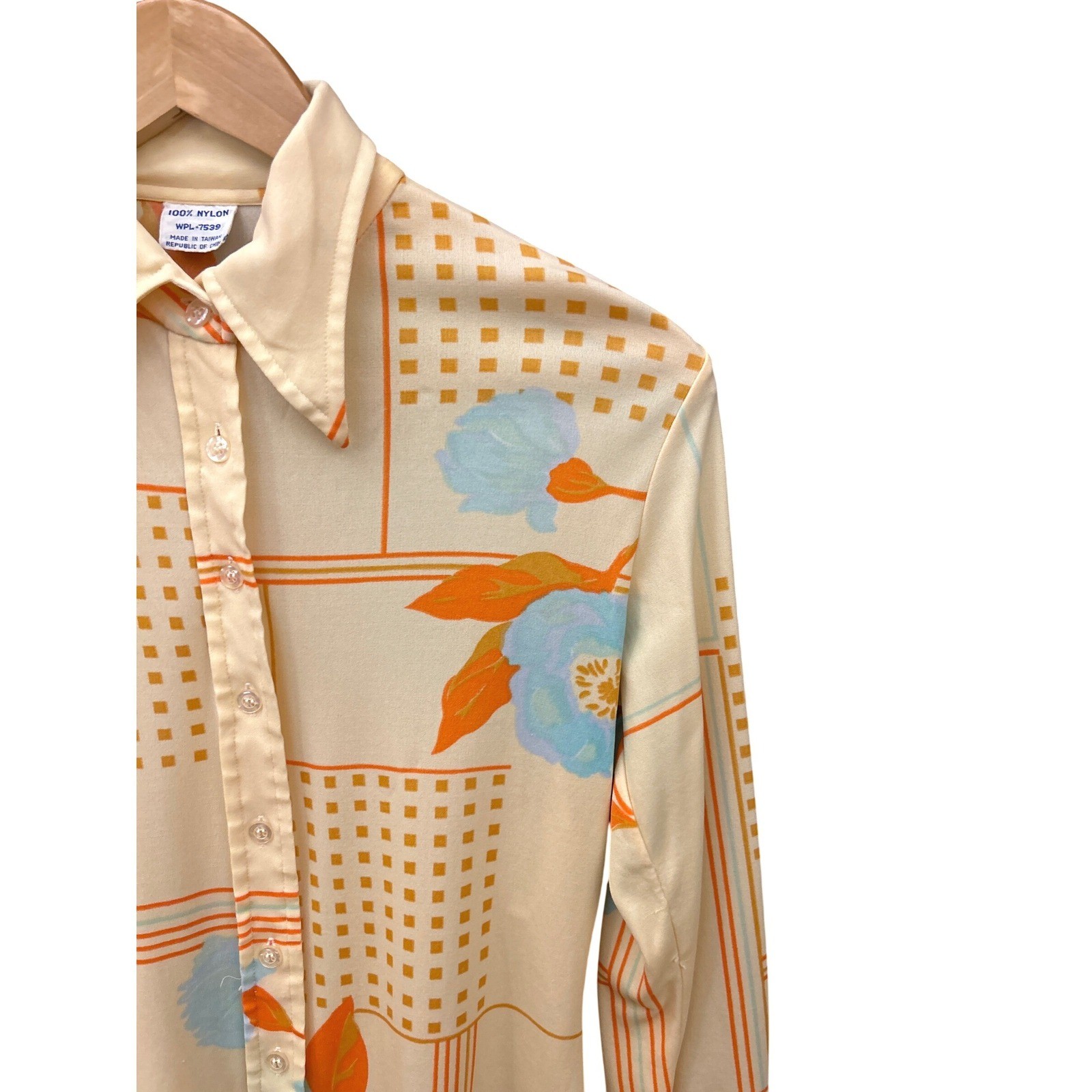 70s Vintage Nylon Button Up Shirt Disco Mod Geometric Floral Retro Boho Groovy