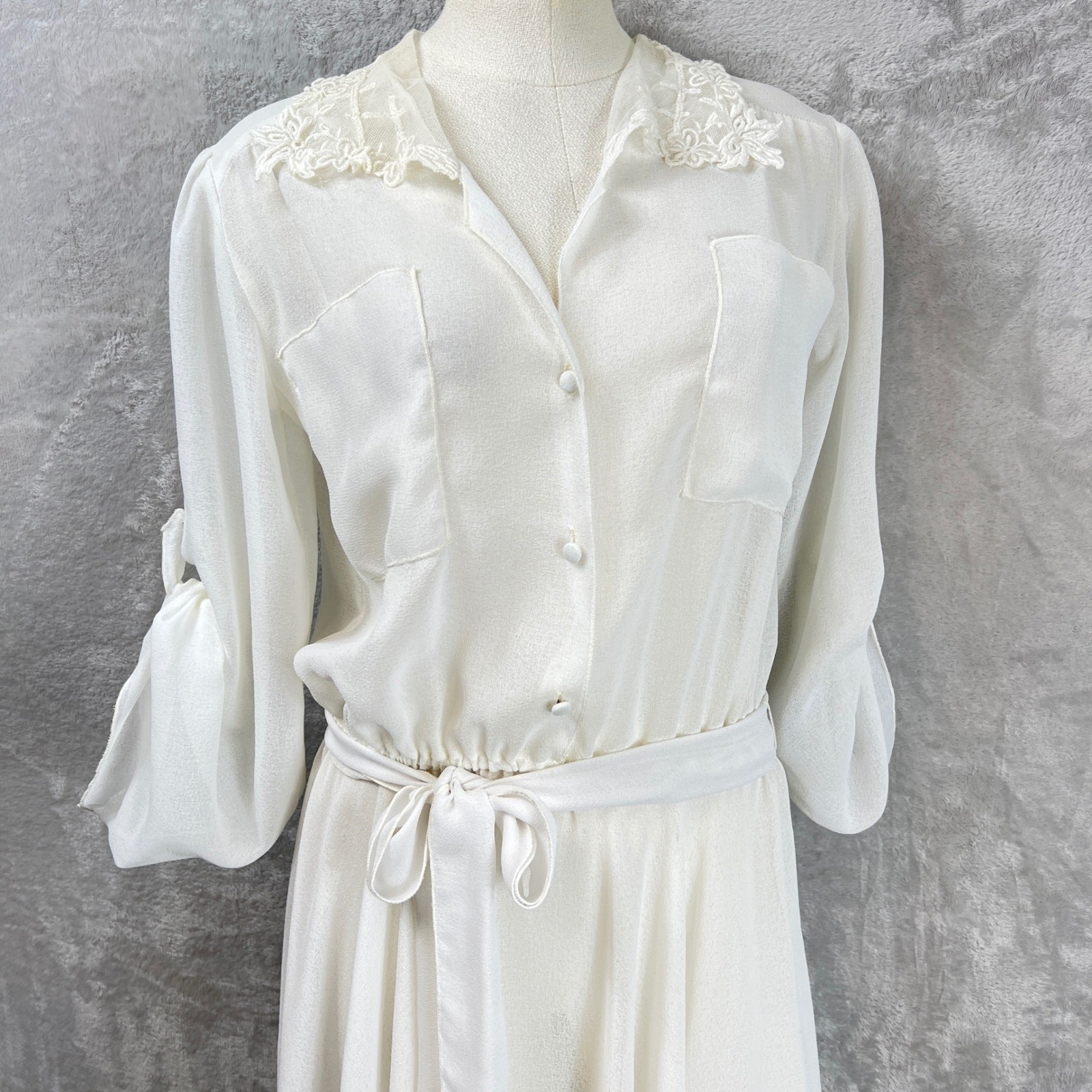 VTG 80s Strauss by Bonnie White Sheer Lace Collar Midi Dress Sz 5/6 modern S/M