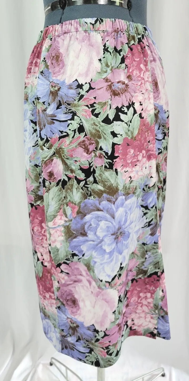 Vintage Pink/Purple/Green/Black Floral Elastic Waist Skirt Size 14