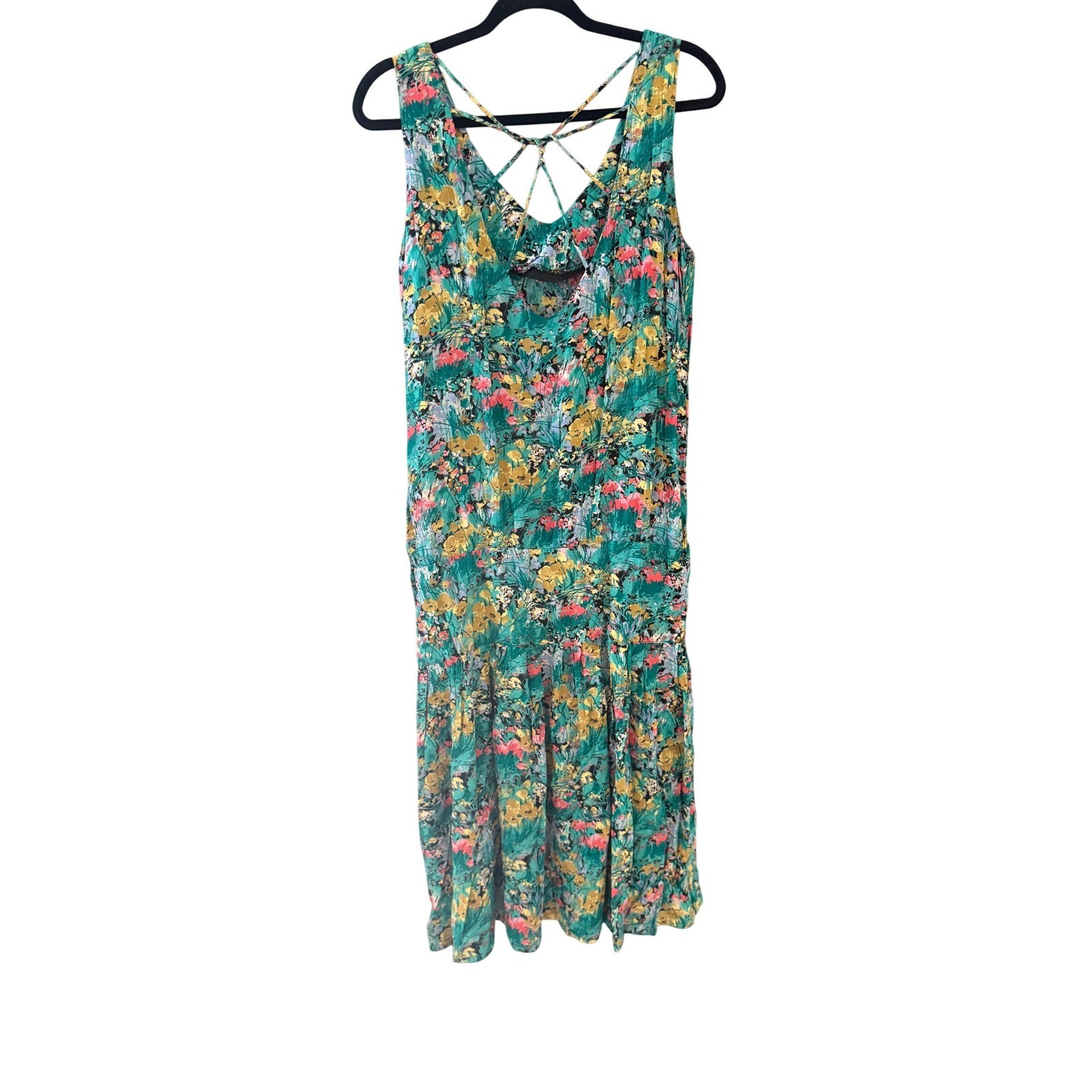 Michelle Stuart Vintage Floral Rayon Midi Dress Teal Multi Strappy Back 9/10