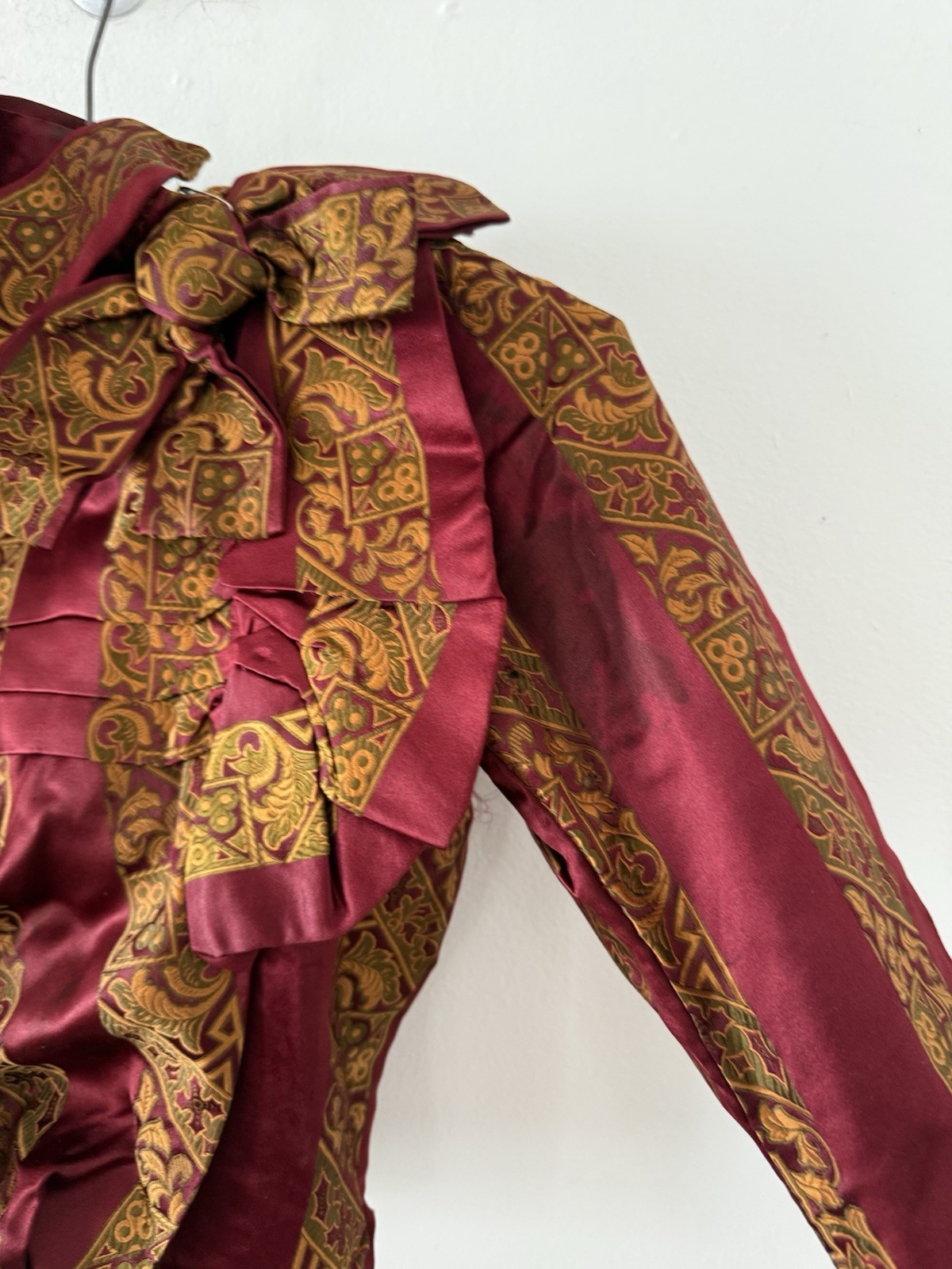 Antique Victorian Brocade Silk Satin Bodice Jewel Toned Boning 1800s XXS/XS