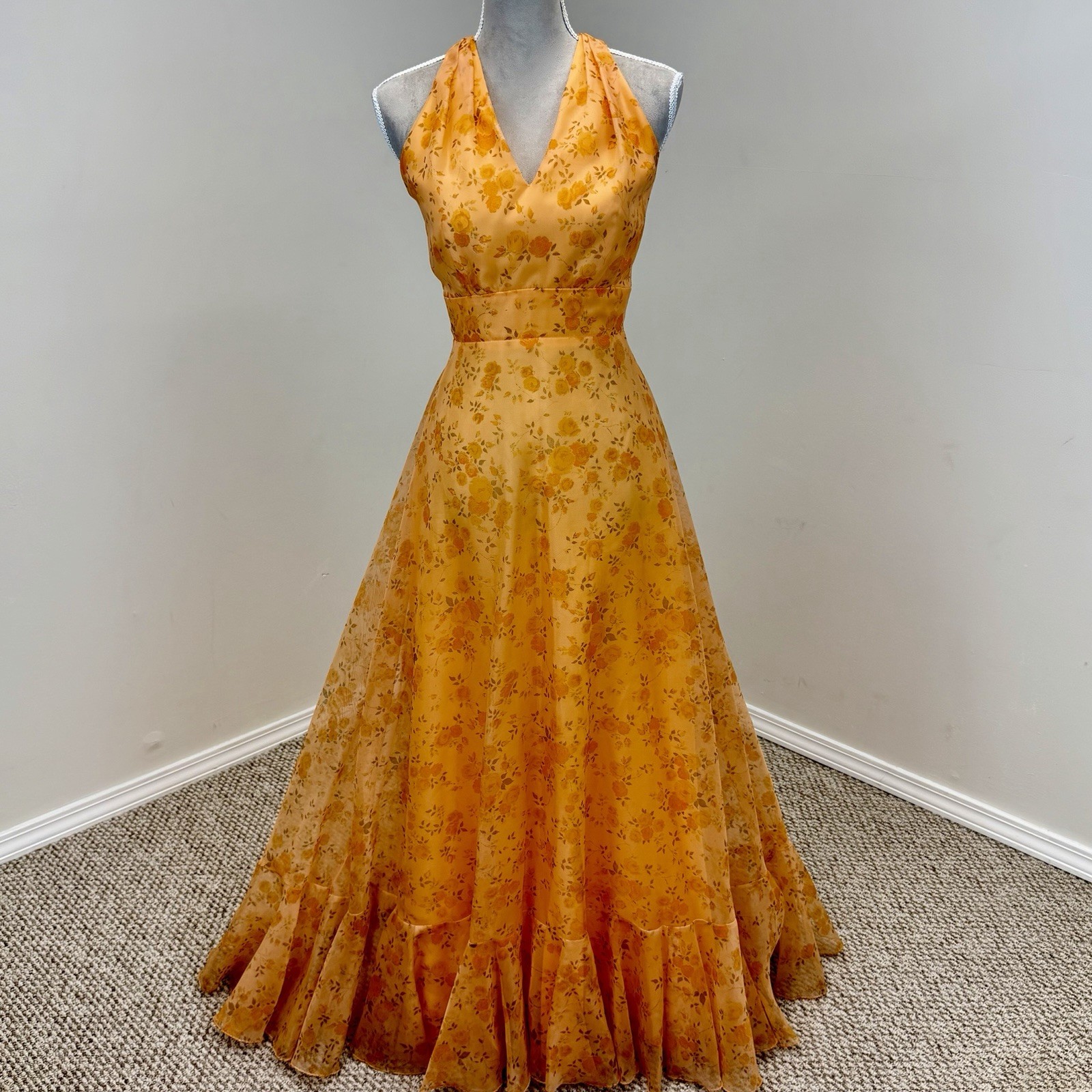 VTG 70s Maxi Dress S Floral Convertible Ruffle Cascade Bustle Train ILGWU USA