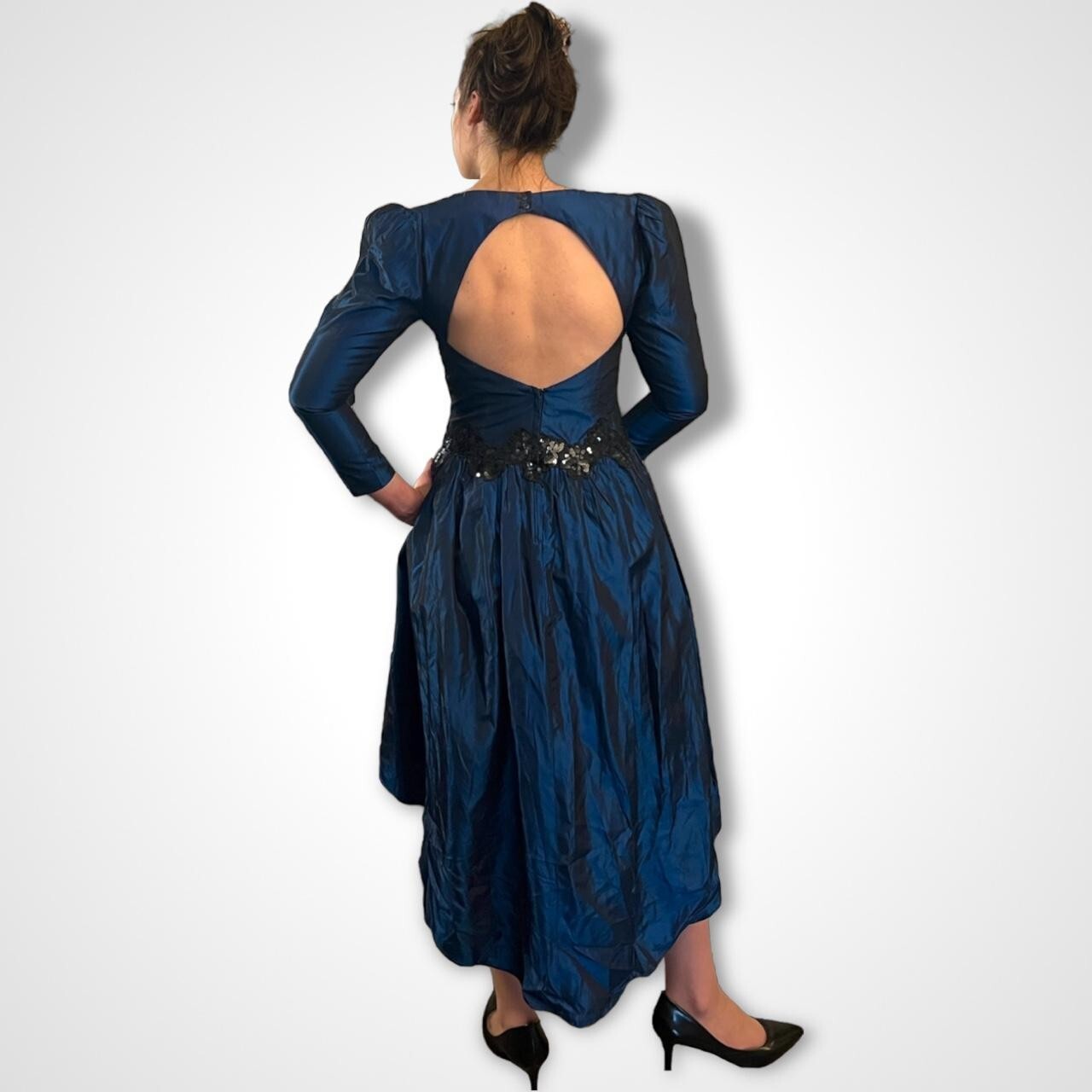 Backless Jessica McClintock Vintage 80s Puff Sleeve High Low Blue Dress Gown S/M