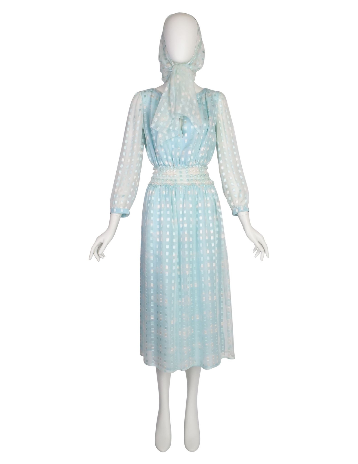 Courreges Vintage 1970s Baby Blue Cloud Print Silk Chiffon Dress and Scarf Ensem