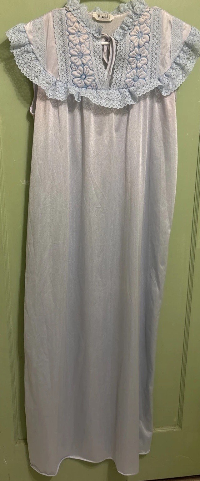 Rikki New York Vintage Lingerie Baby Blue Sheer Nightgown Floral Lace 19 Ptp