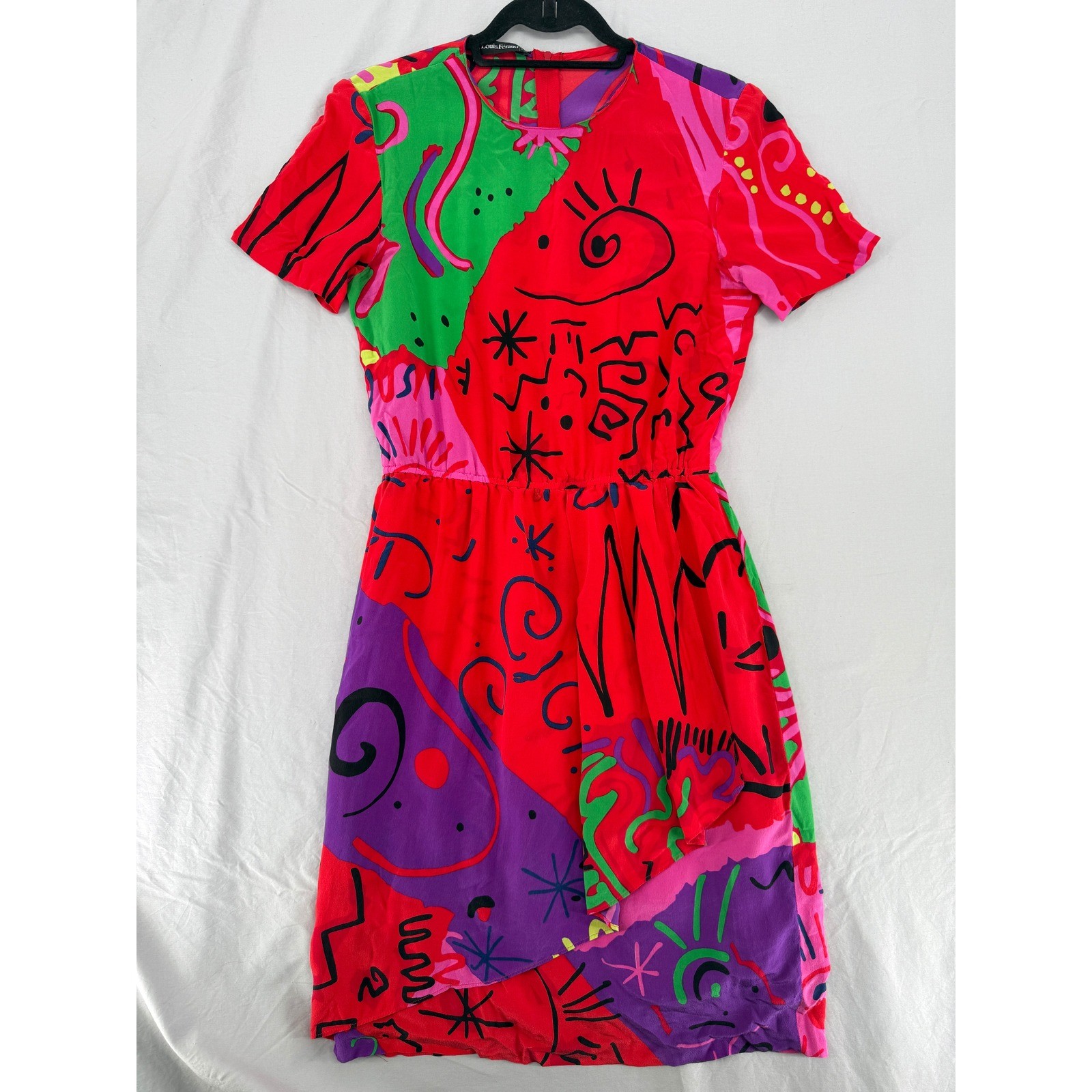 Louis Feraud Vintage 90s Silk Abstract Graphic Print Dress Red Multi Size US 6