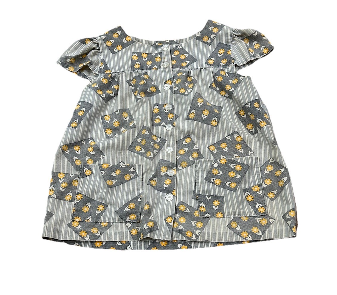 1970s Daisy Patchwork Hippie Tunic Top Shirt Gray Yellow Mod Cottagecore Pockets