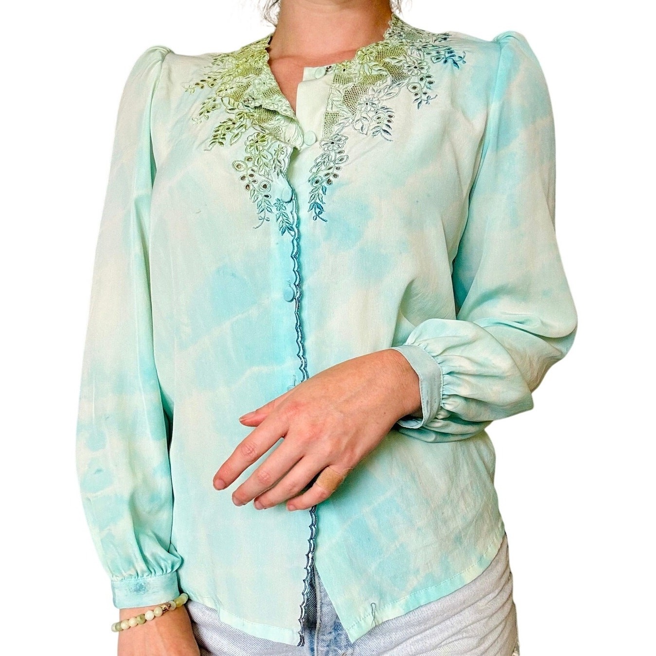 Hand Dyed Pastel Blue Reworked Vintage Blouse Embroidered Cutwork Polyester