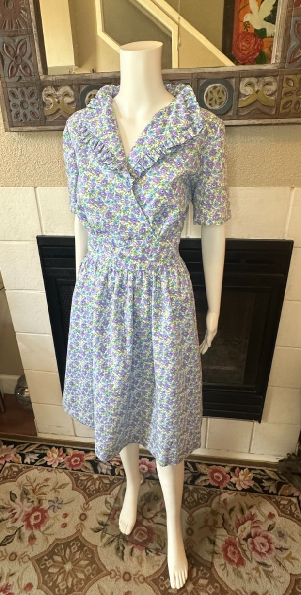 Vtg Lg 1950s Full Skirt Day Dress tea collared Handmade Floral a-line MCM Party