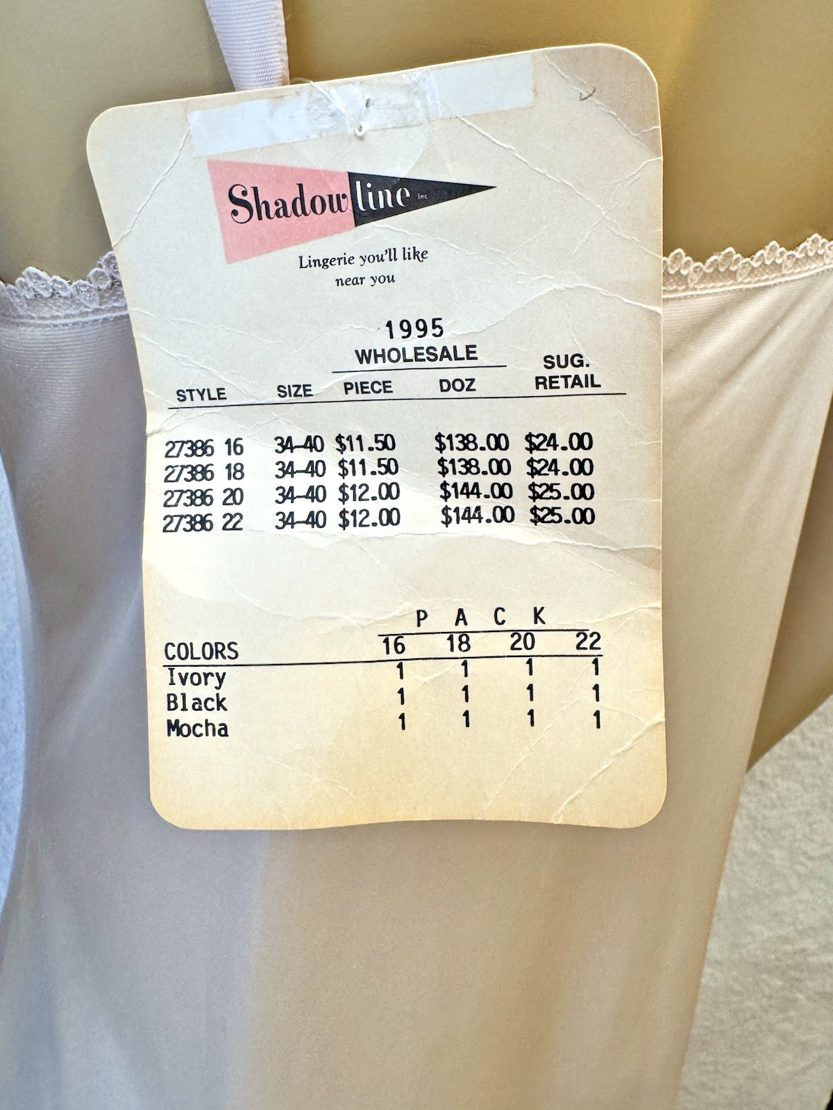 VTG Shadowline Dress Slip NEW w/Tags Peek-A-Boo Lace Sz 34 Mocha Beige 90’s
