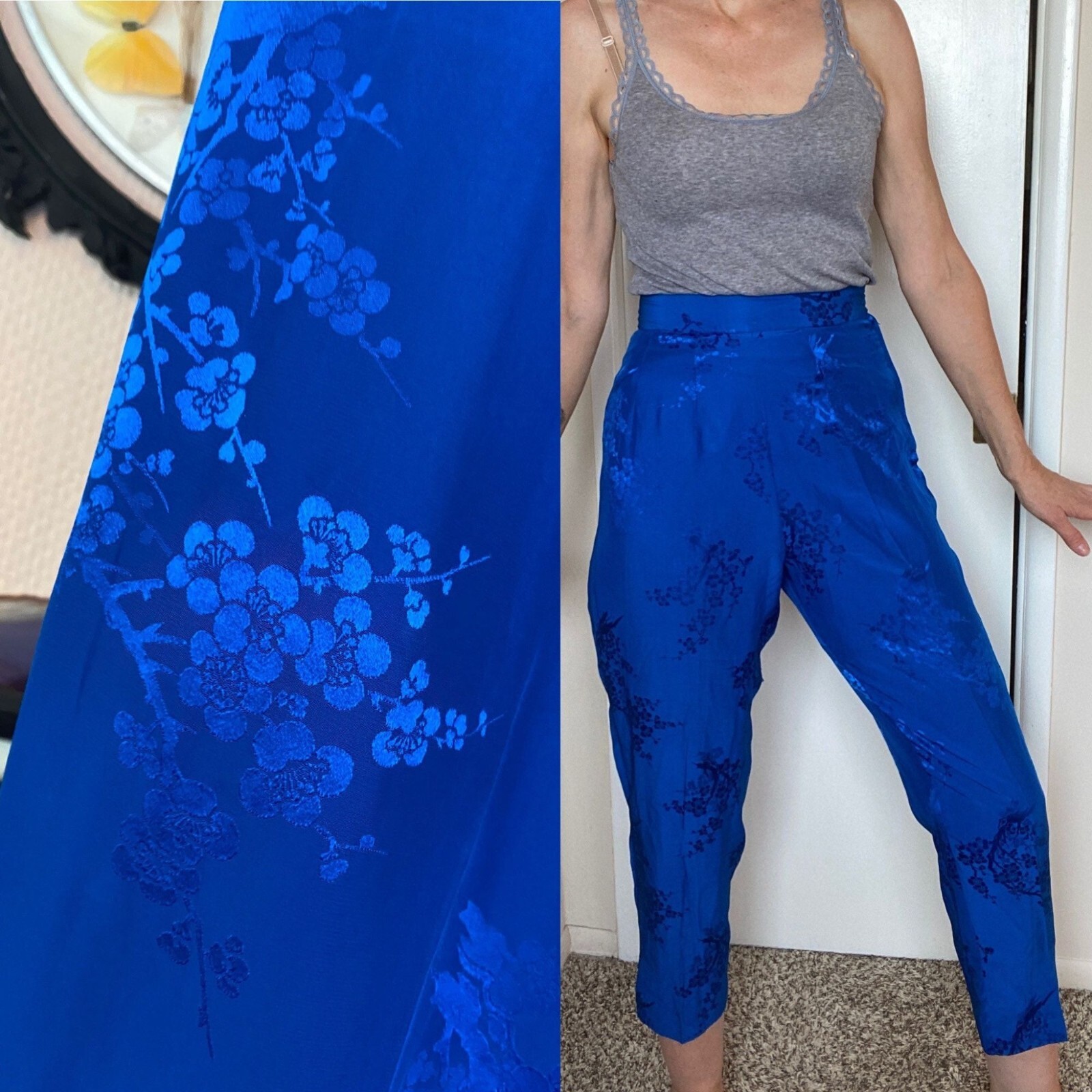 VTG 40’s silk Japanese Pants Pin-Up high waist blue 26″ w XS 0 2 4 S Vintage PJ