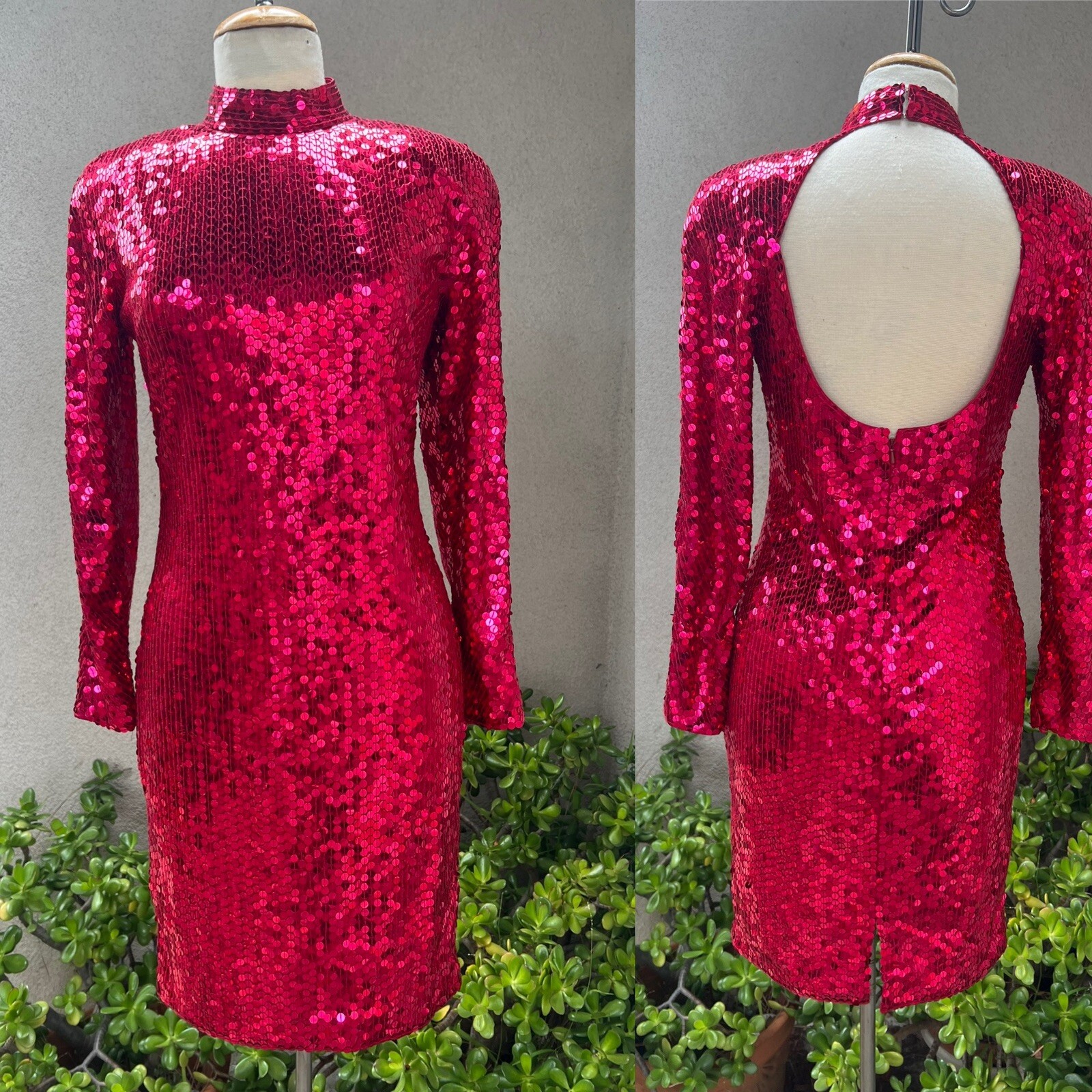 Vtg Disco Dress Ruby Red Sequins Keyhole Back Sz 10 NiteLine