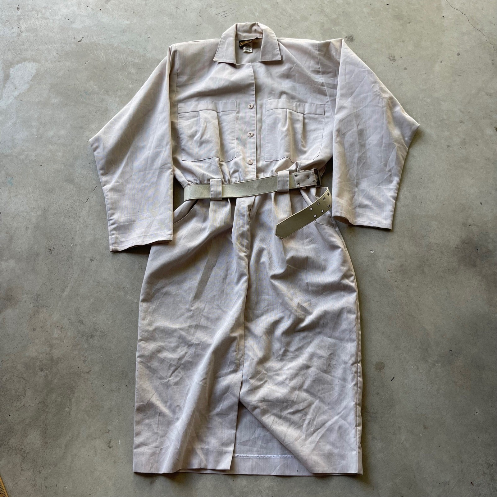 Vintage Virgo II Tan Utility Shirt Dress Belted Button Front Midi Long Sleeve