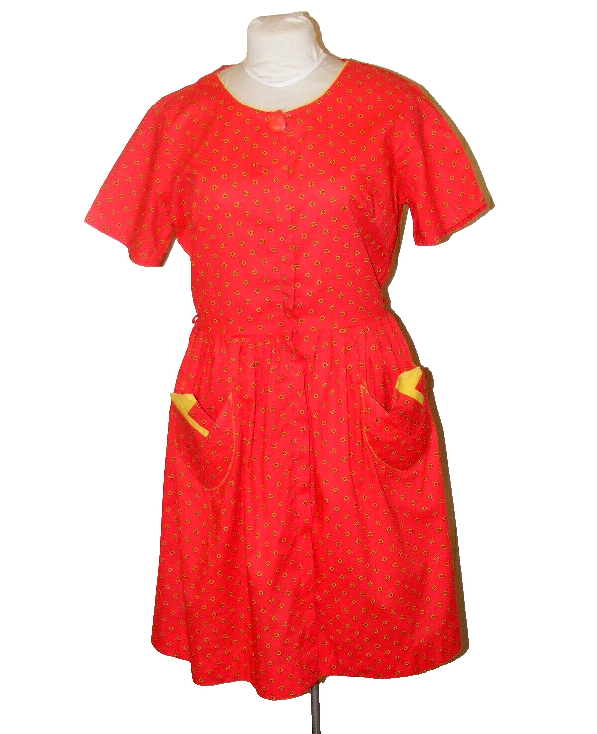 50S DAY DRESS RED COTTON B ALTMAN CO ZIPPERED FRONT HANDKERCHEIF POCKETS M