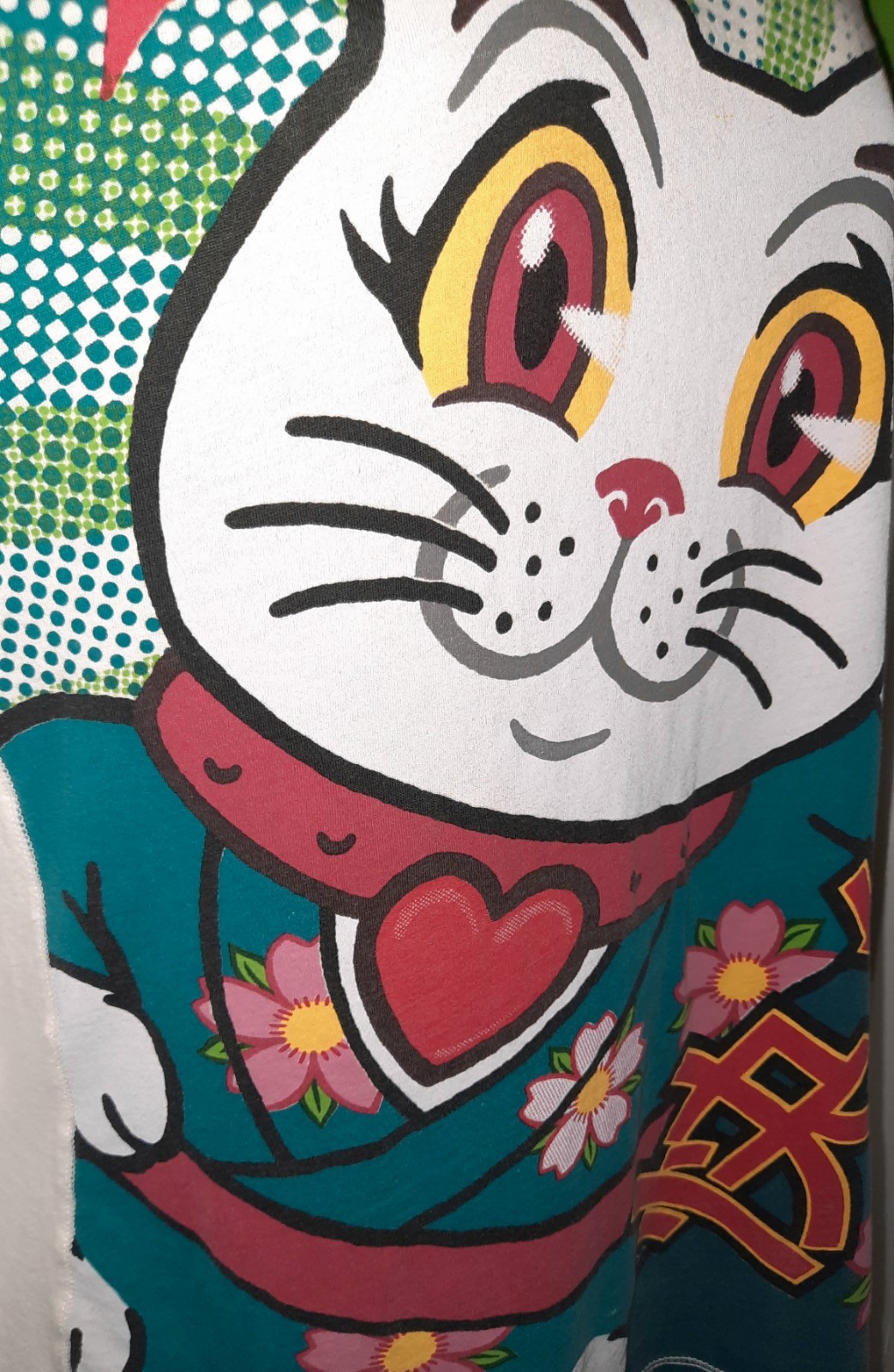 Lucky Brand Vintage Maneki-Neko Lucky Cat & Kokeshi Doll Jrs T-Shirt Sz L READ🌼