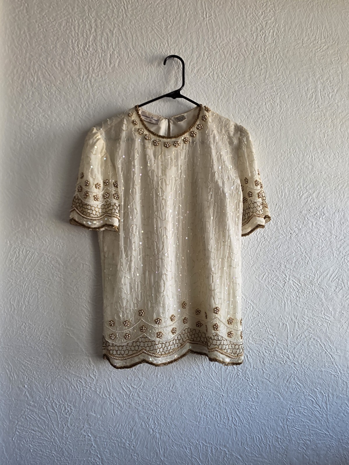 Laurence Kazar Cream and Gold Vintage Beaded Silk Blouse Size Medium