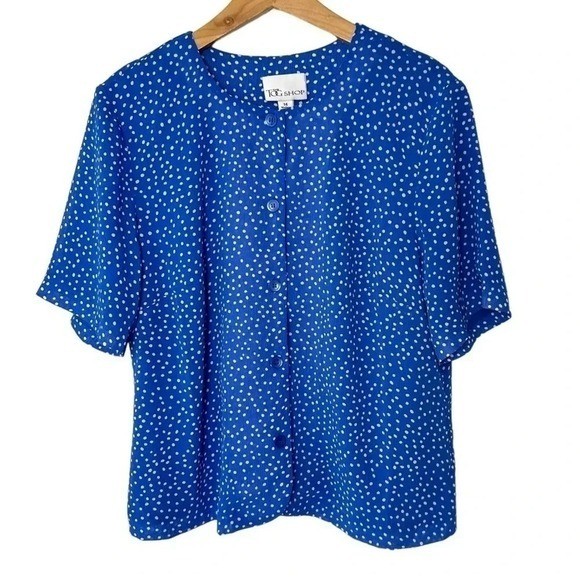 The Tog Shop Skirt Suit 14 Blue Polka Dot Short Sleeve Button Up Vintage Set