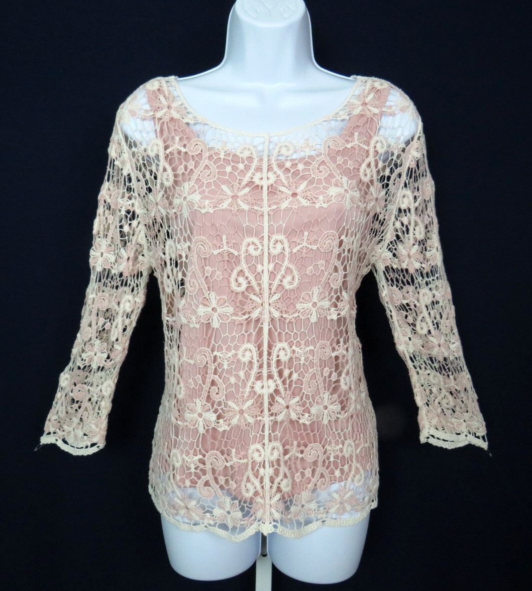 VTG 1980s 90s OSCAR DE LA RENTA ACTIVE FLORAL CROCHETED LACE TOP CREAM MAUVE