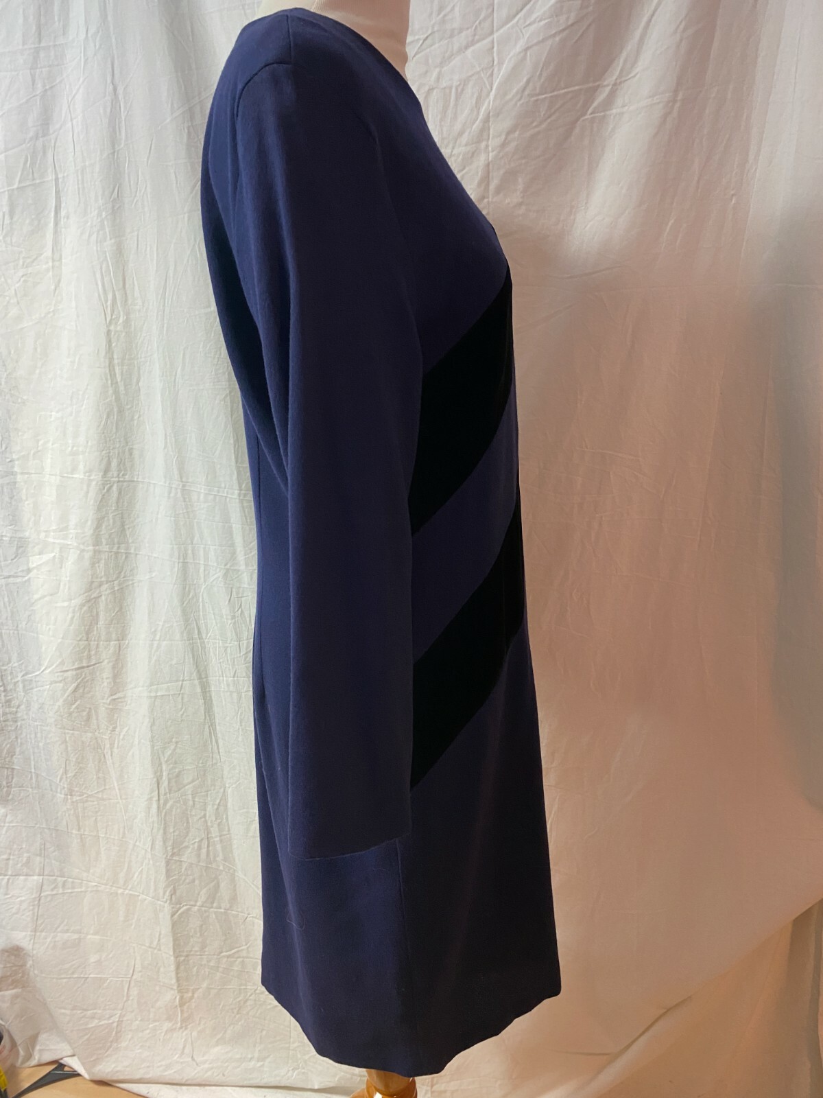 Vintage 80s SCAASI Blue Wool Crepe Dress Black Velvet Panels 30s Elegance 12/14