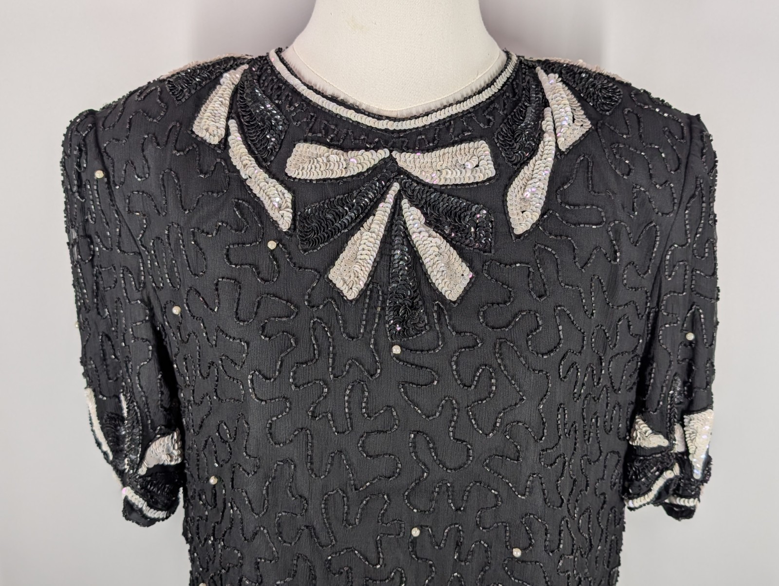 Vintage Carina Women’s Lot Of 2 Silk Beaded Two Piece Outfit Top Skirt Black