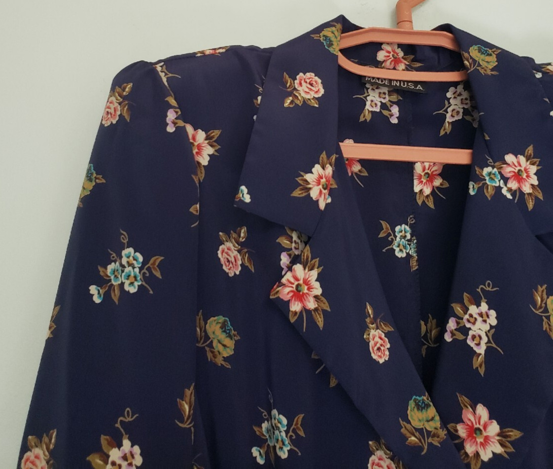 Vtg Breli Originals Women’s 10 Midi Dress Blue Floral 3/4 Sleeve Belted Pleated