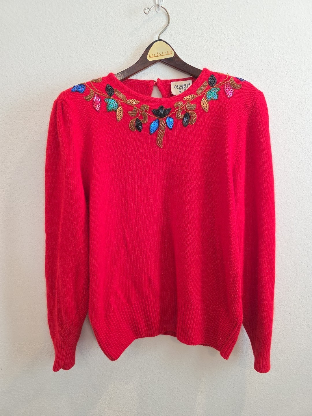 VTG RARE 80s Cervelle Christmas Red Beaded Sequin Sweater Women Sz L Silk Blend